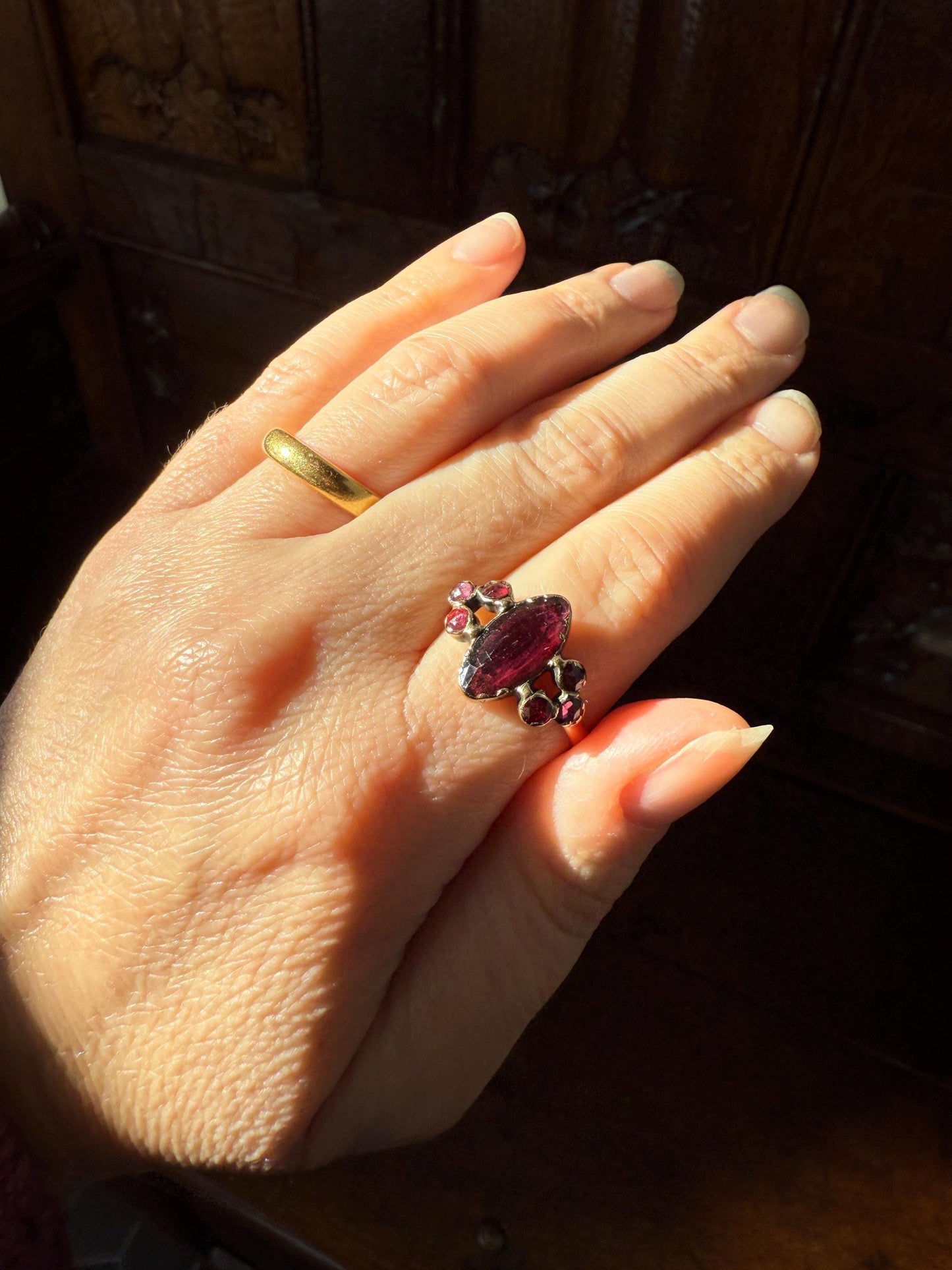 Victorian Perpignan Rose Cut GARNET French Seven Stone Ring Marquise & Round Betrothal Band 18k Gold Antique Period Hallmark Juicy Glow Red