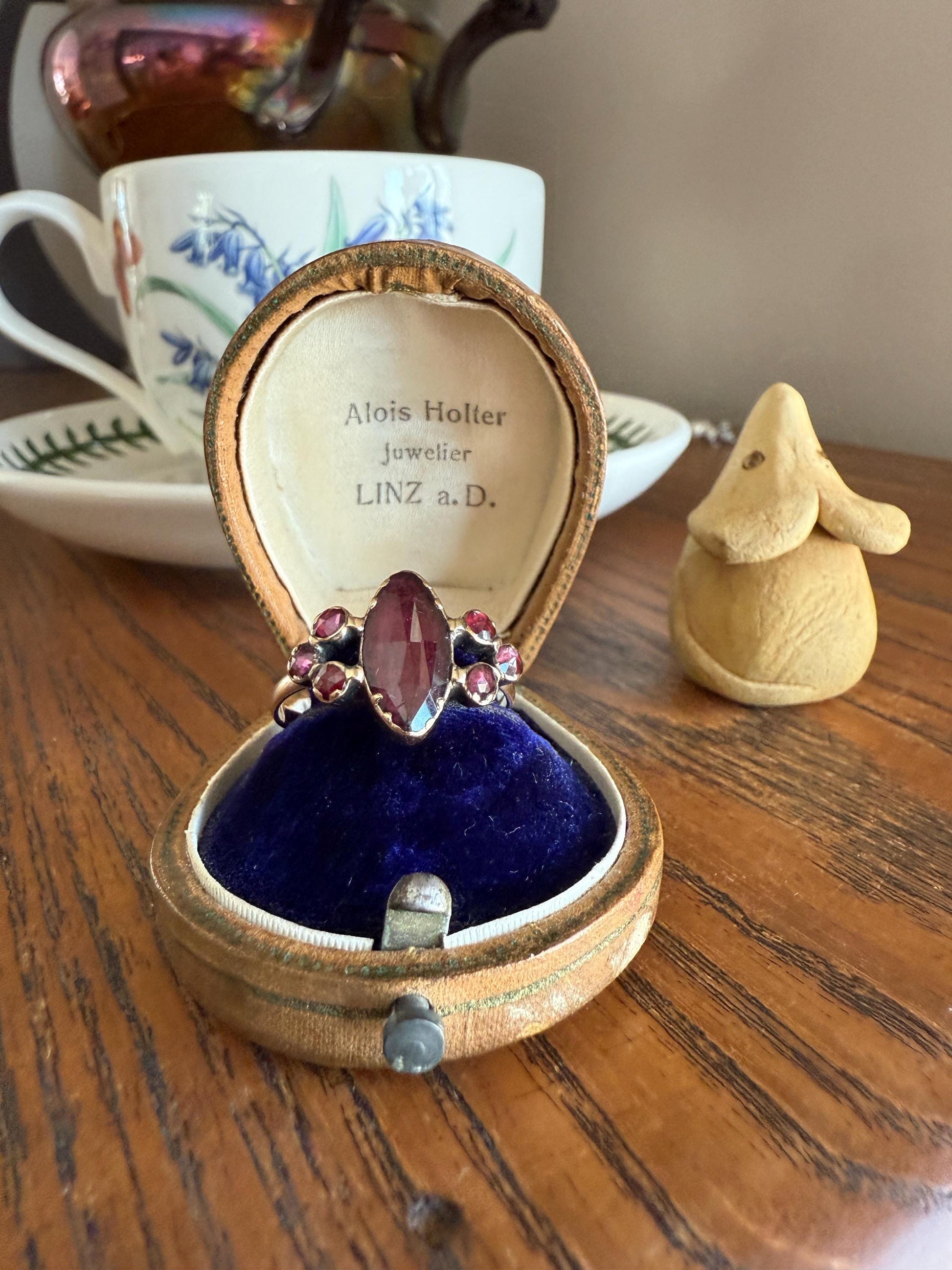 Victorian Perpignan Rose Cut GARNET French Seven Stone Ring Marquise & Round Betrothal Band 18k Gold Antique Period Hallmark Juicy Glow Red