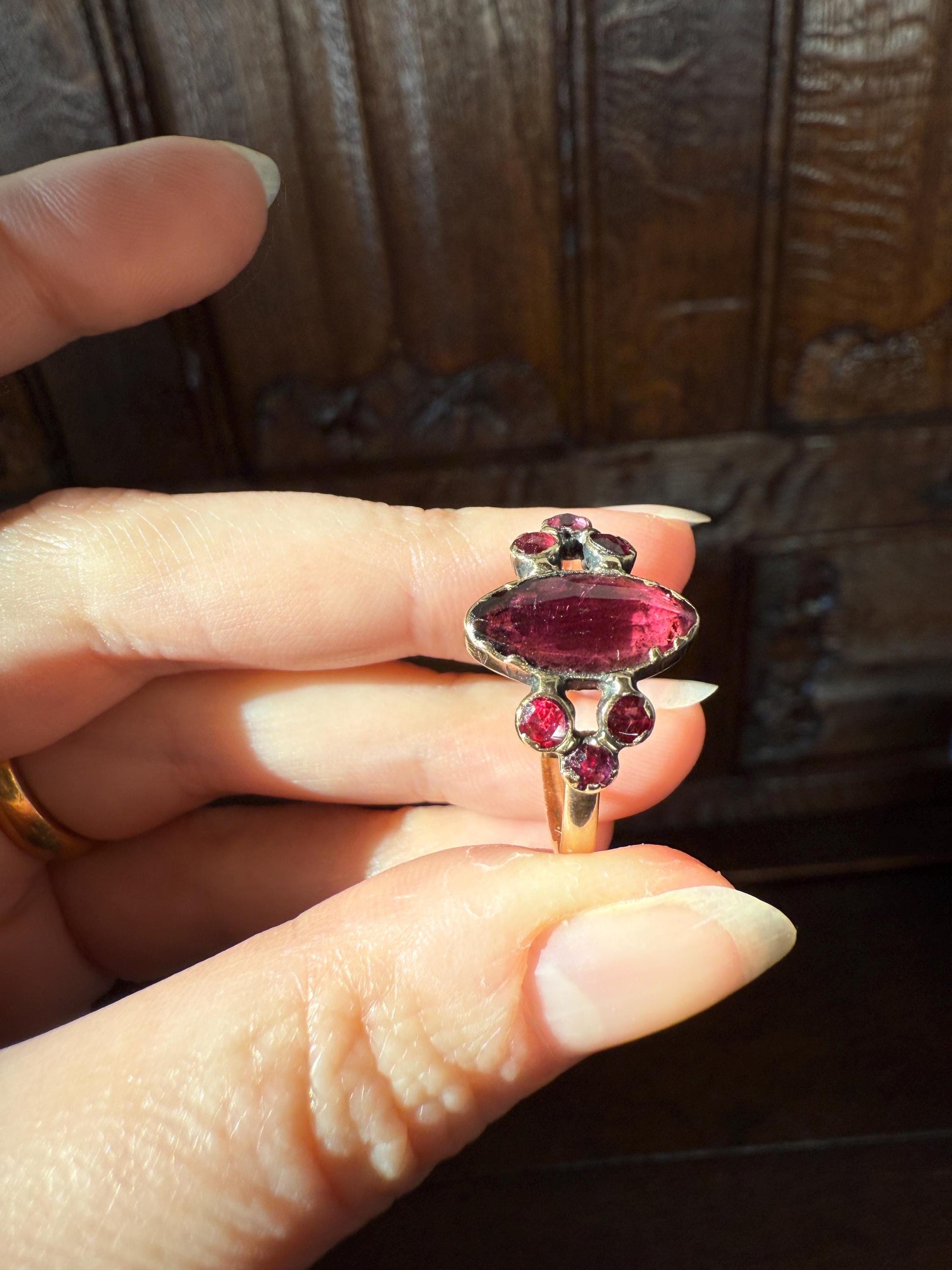 Victorian Perpignan Rose Cut GARNET French Seven Stone Ring Marquise & Round Betrothal Band 18k Gold Antique Period Hallmark Juicy Glow Red