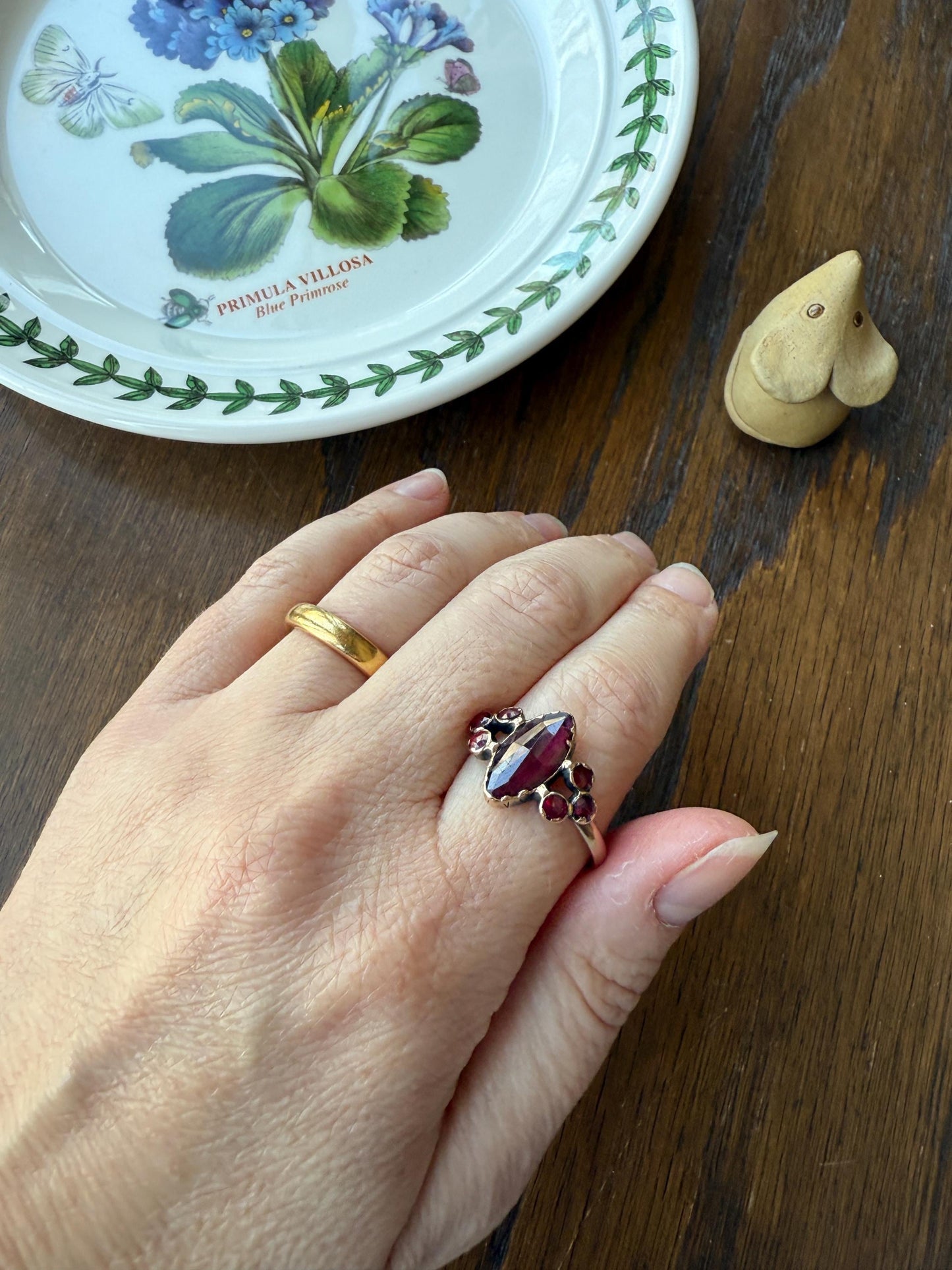 Victorian Perpignan Rose Cut GARNET French Seven Stone Ring Marquise & Round Betrothal Band 18k Gold Antique Period Hallmark Juicy Glow Red