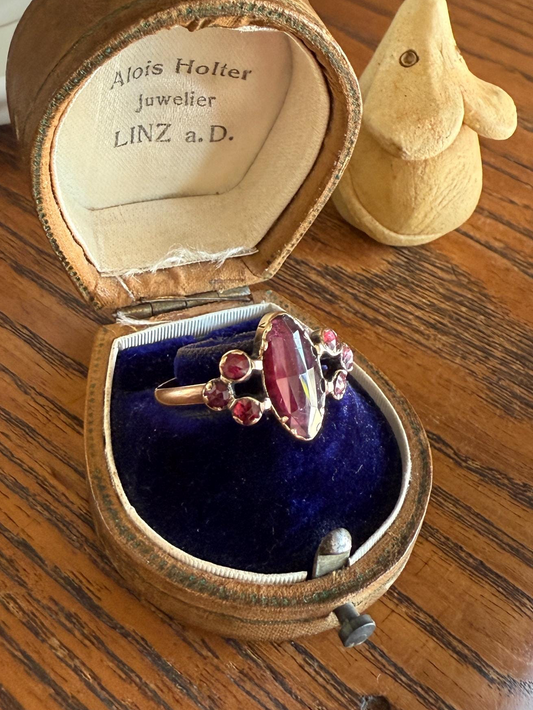 Victorian Perpignan Rose Cut GARNET French Seven Stone Ring Marquise & Round Betrothal Band 18k Gold Antique Period Hallmark Juicy Glow Red