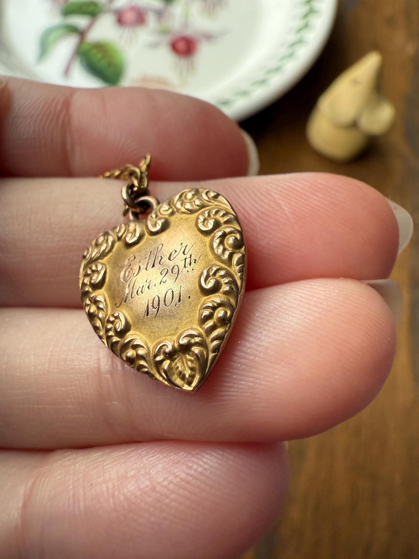 Esther's HEART Necklace Dated March 29, 1901 Reversible 10k Pendant on 14k Gold Chain Ornate Link Figural Sweetie