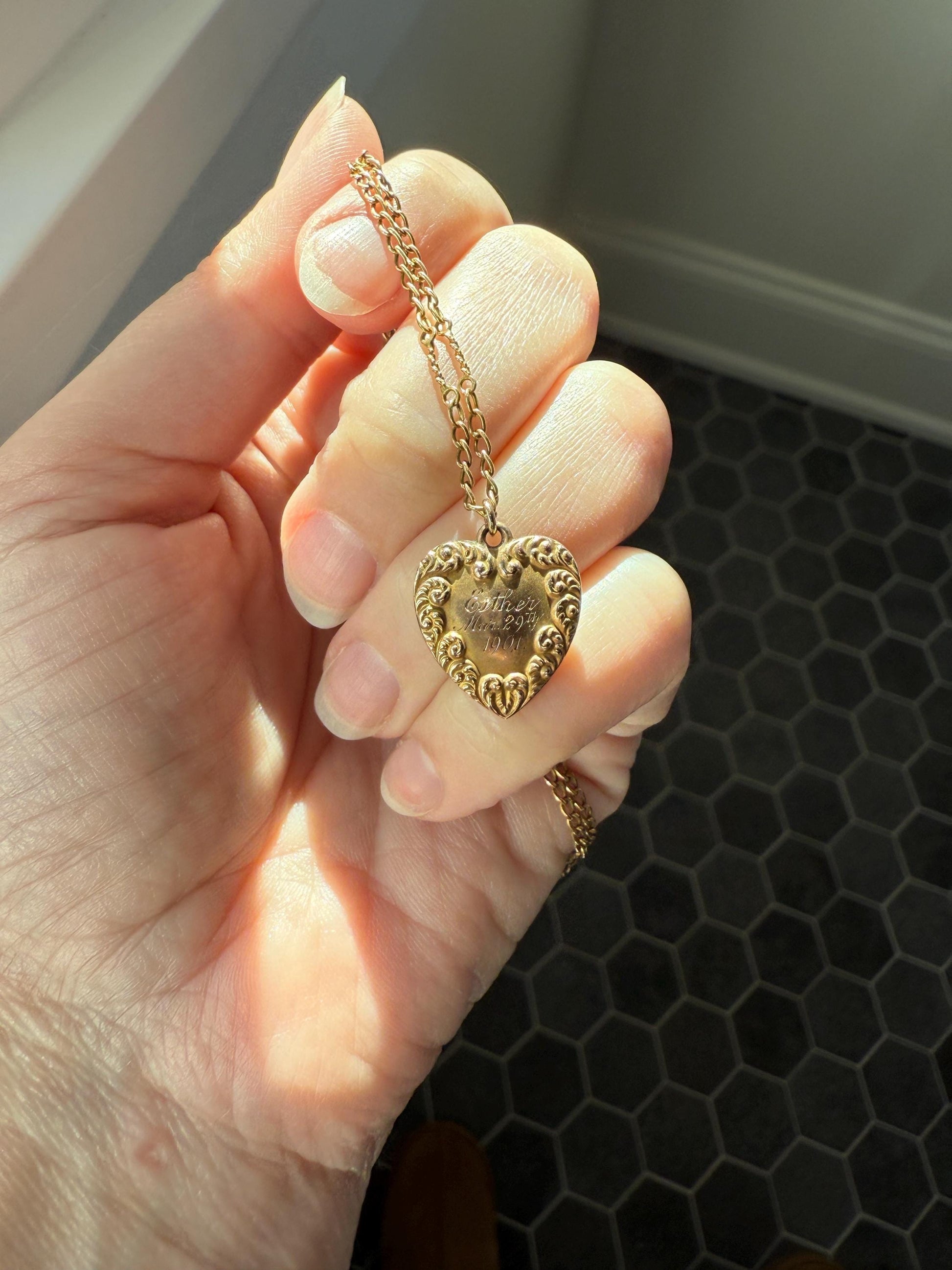 Esther's HEART Necklace Dated March 29, 1901 Reversible 10k Pendant on 14k Gold Chain Ornate Link Figural Sweetie