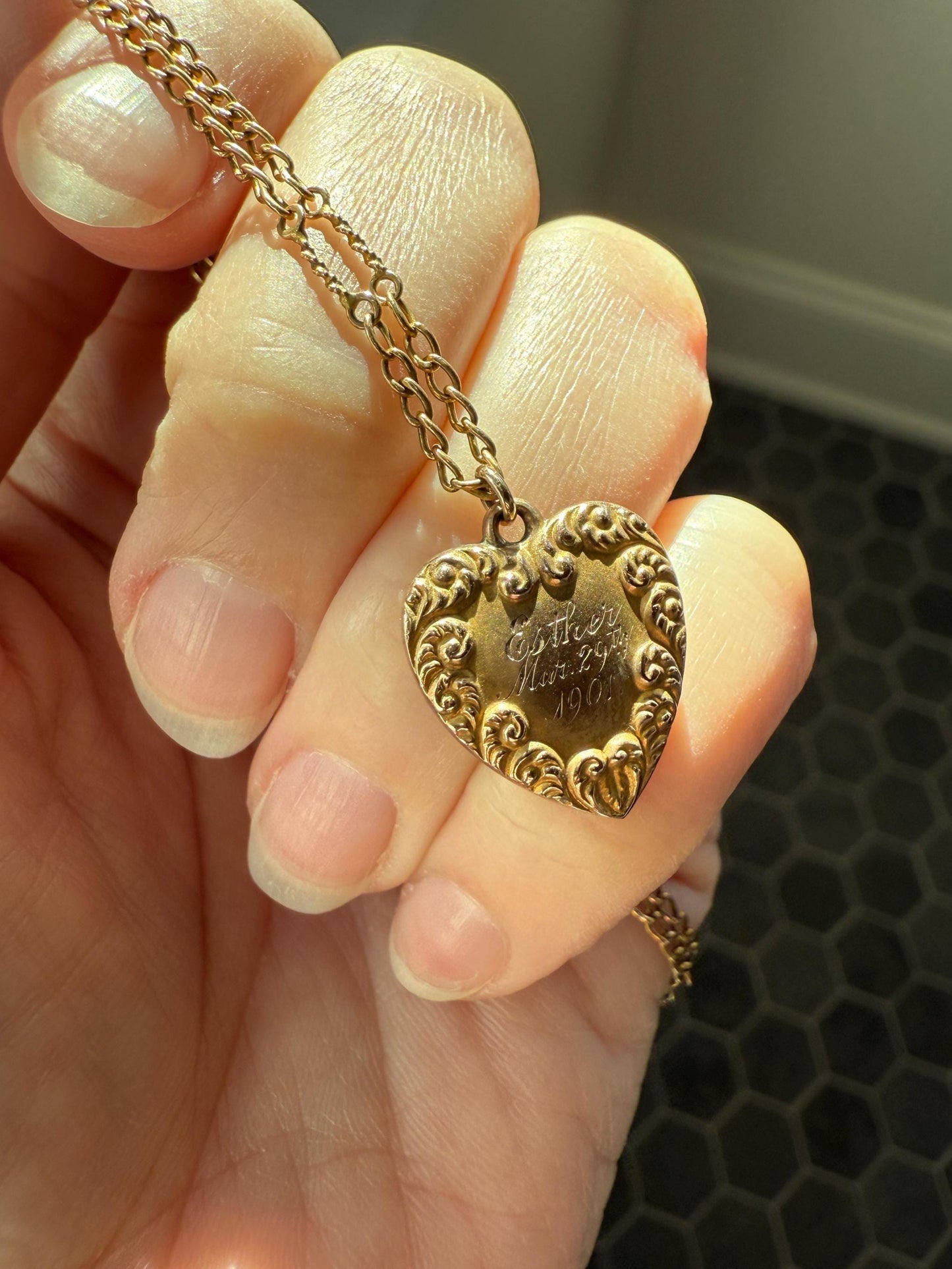 Esther's HEART Necklace Dated March 29, 1901 Reversible 10k Pendant on 14k Gold Chain Ornate Link Figural Sweetie