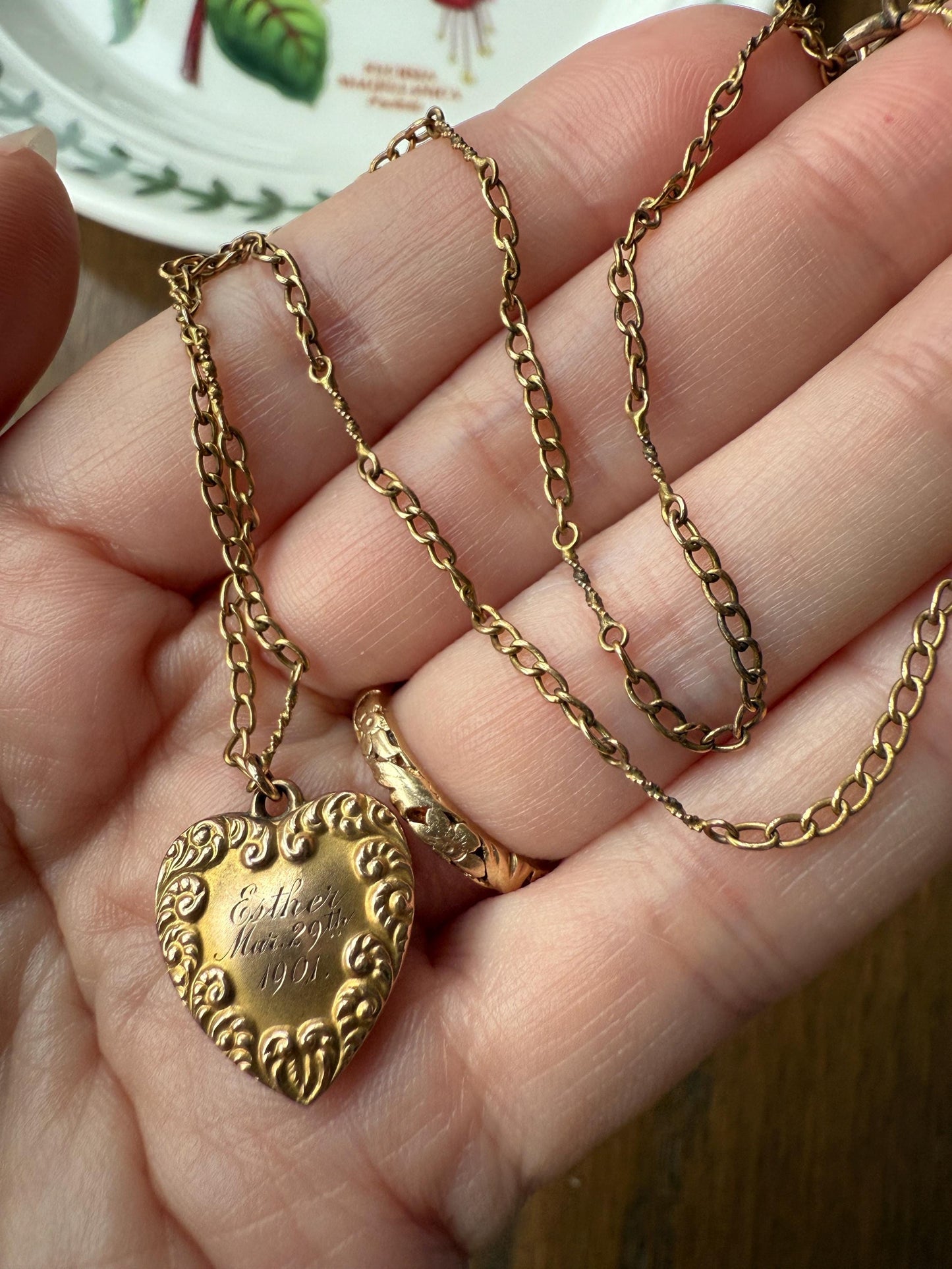 Esther's HEART Necklace Dated March 29, 1901 Reversible 10k Pendant on 14k Gold Chain Ornate Link Figural Sweetie