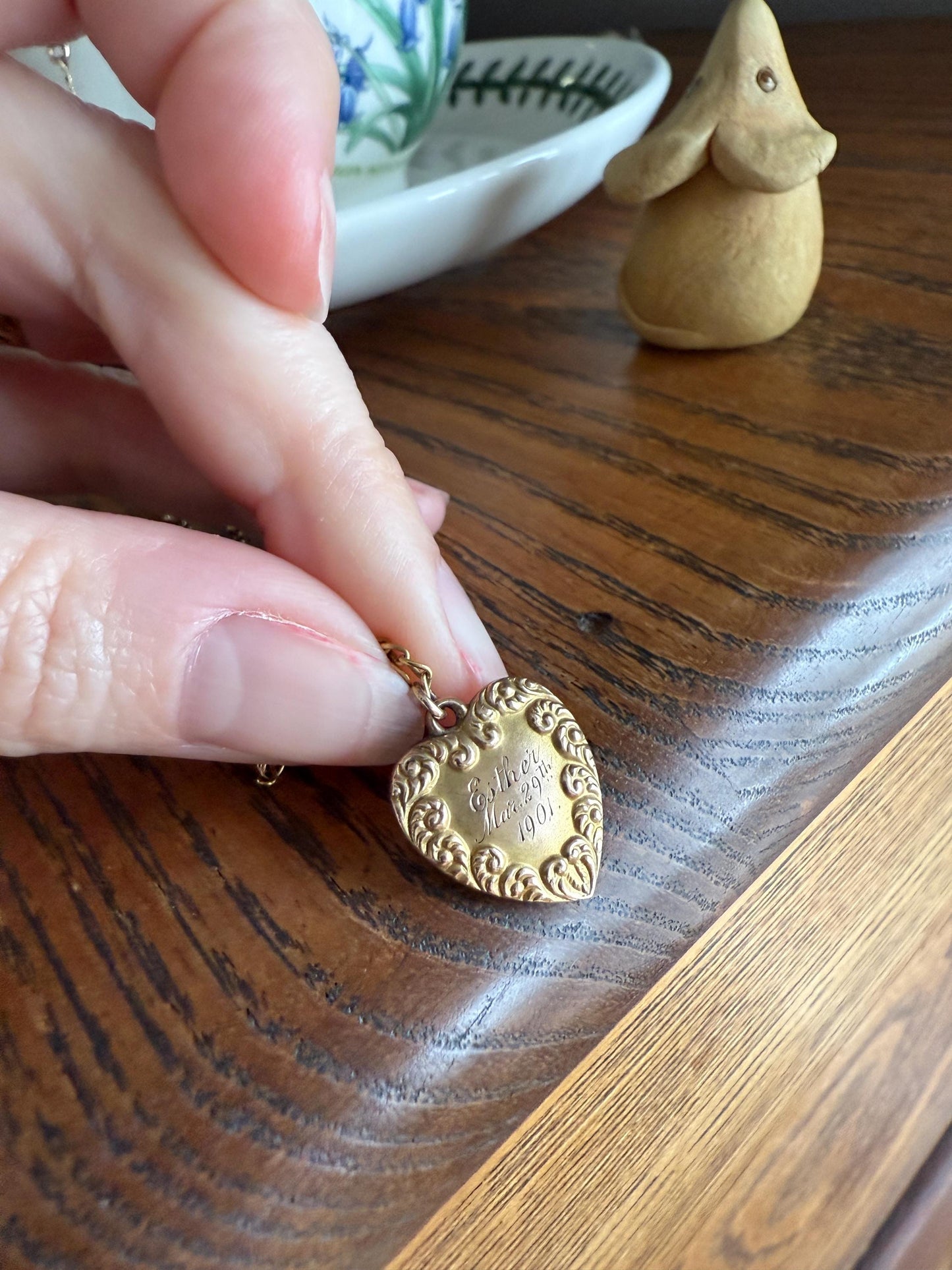 Esther's HEART Necklace Dated March 29, 1901 Reversible 10k Pendant on 14k Gold Chain Ornate Link Figural Sweetie
