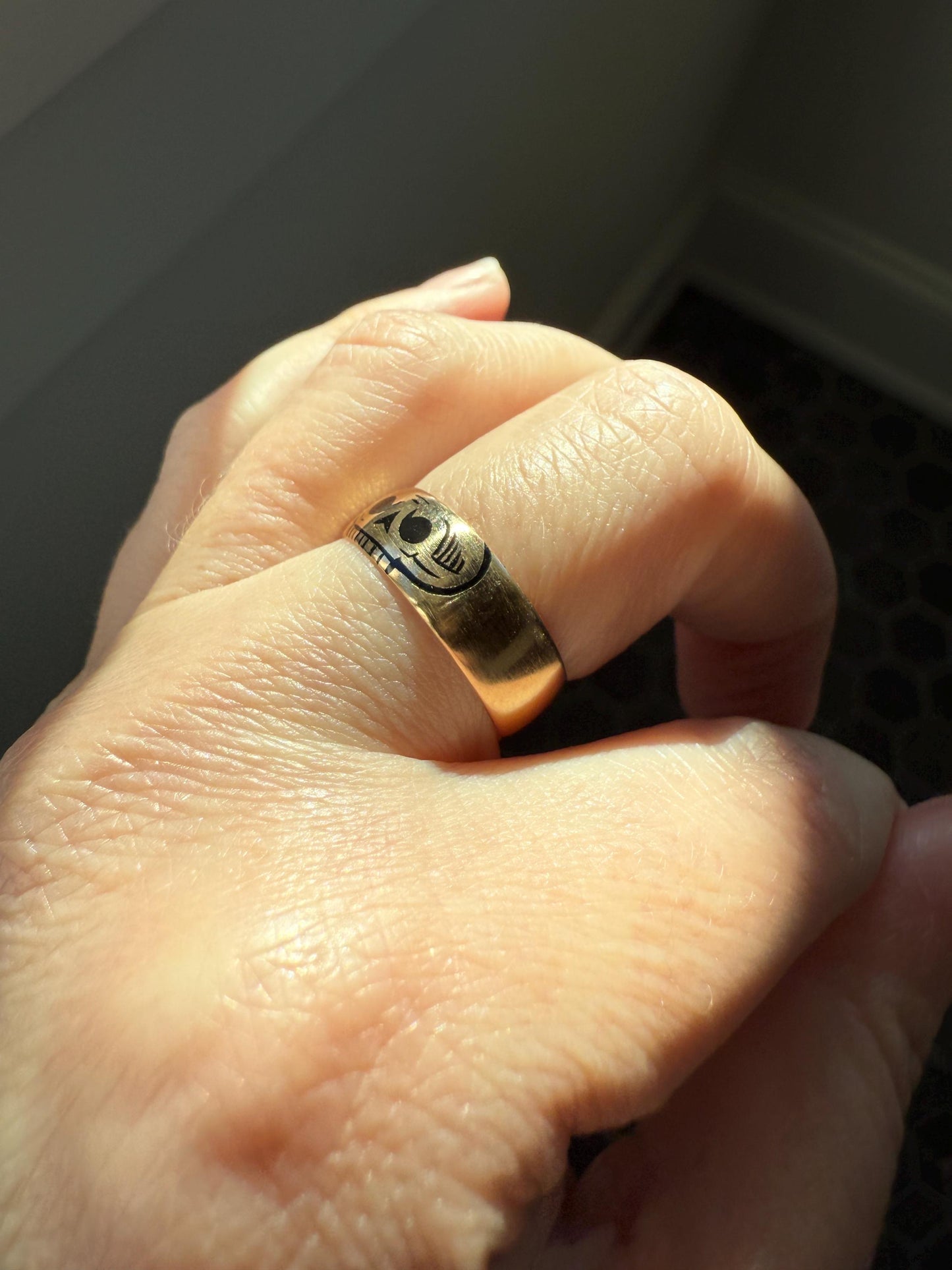 Pumpkinhead Rare Scottish Antique 18k Gold Solid Wedding Band Black Enamel Skull Memento Mori Ring