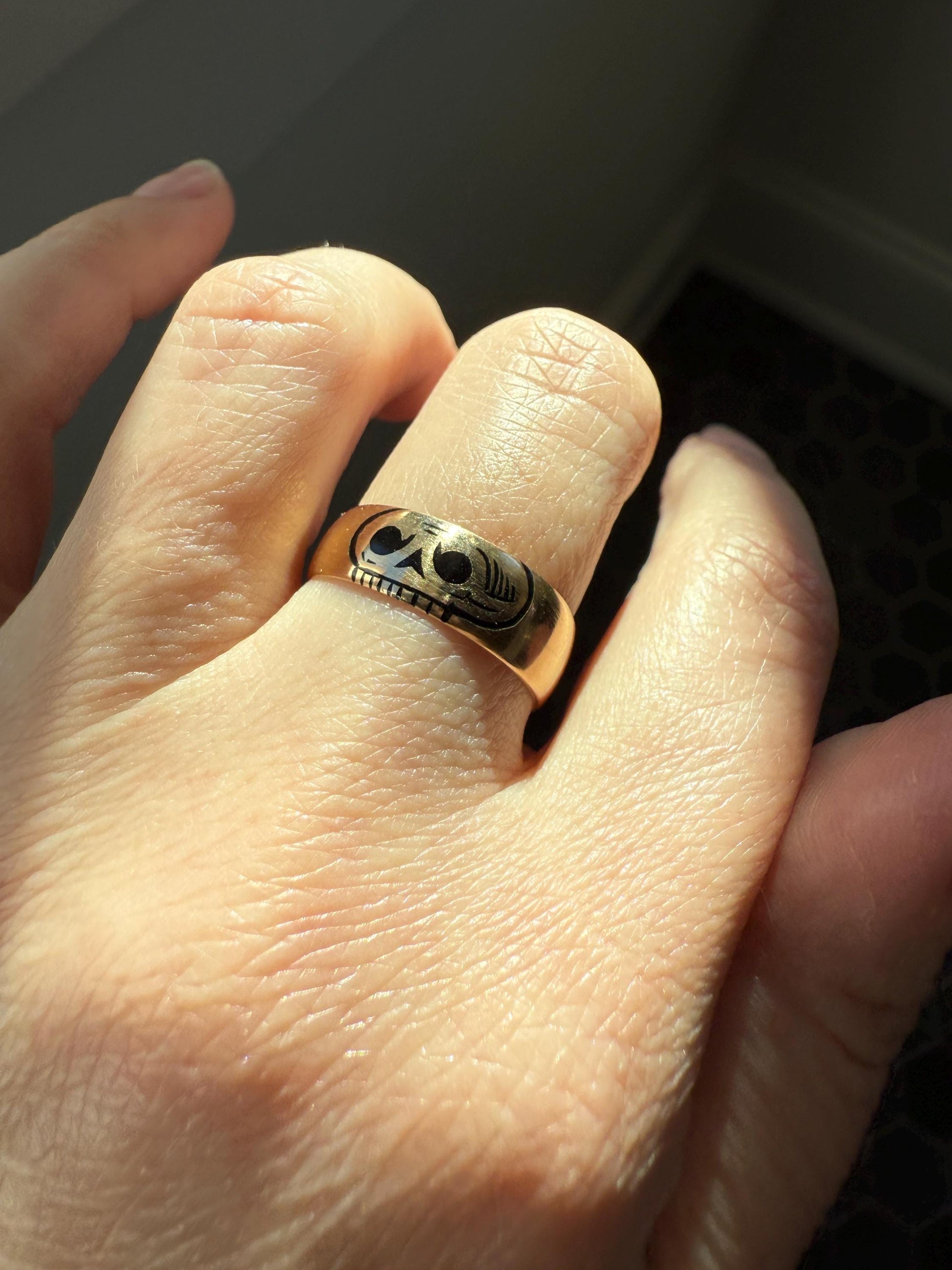 Pumpkinhead Rare Scottish Antique 18k Gold Solid Wedding Band Black Enamel Skull Memento Mori Ring