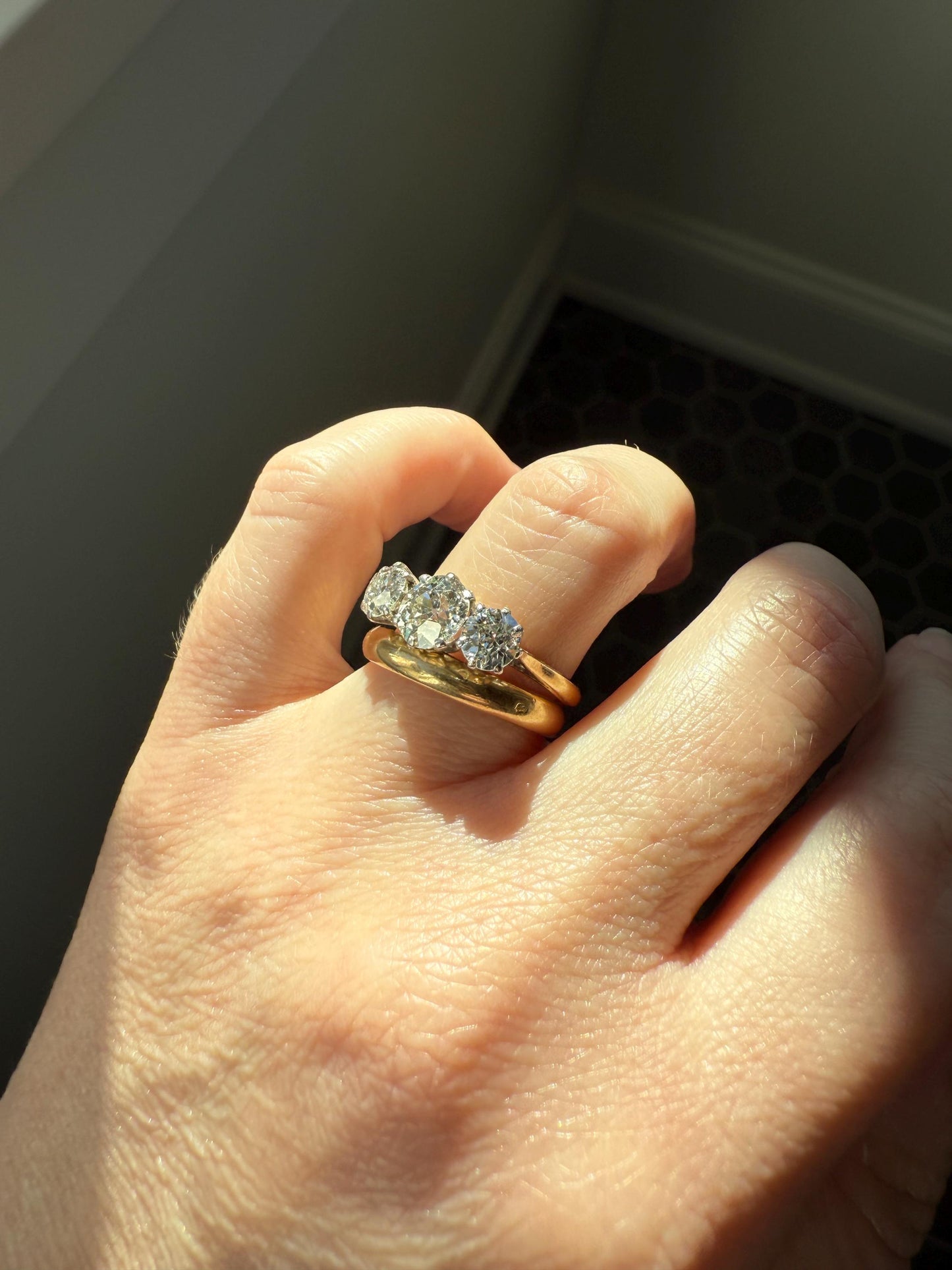 Antique Three Stone 2.3 Carats Old Mine Cut DiAMOND Ring 18k GOLD Platinum Chunky Tall Stacker Stackable Band 2.3Ctw OMC