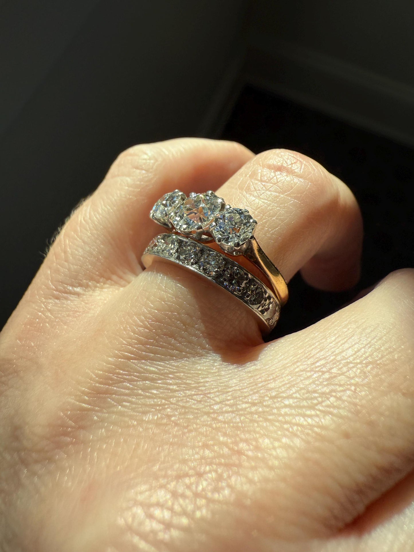 Antique Three Stone 2.3 Carats Old Mine Cut DiAMOND Ring 18k GOLD Platinum Chunky Tall Stacker Stackable Band 2.3Ctw OMC