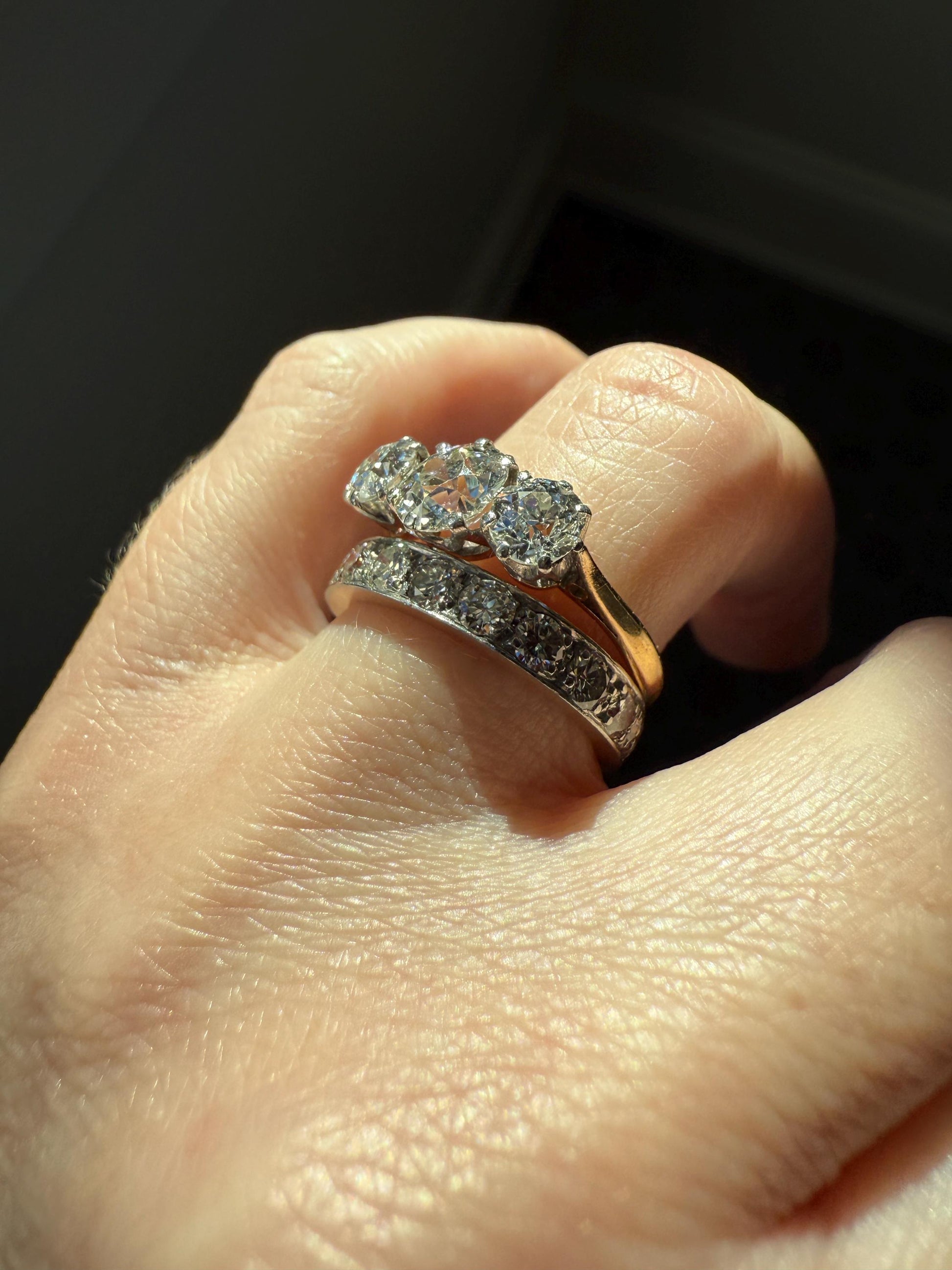 Antique Three Stone 2.3 Carats Old Mine Cut DiAMOND Ring 18k GOLD Platinum Chunky Tall Stacker Stackable Band 2.3Ctw OMC