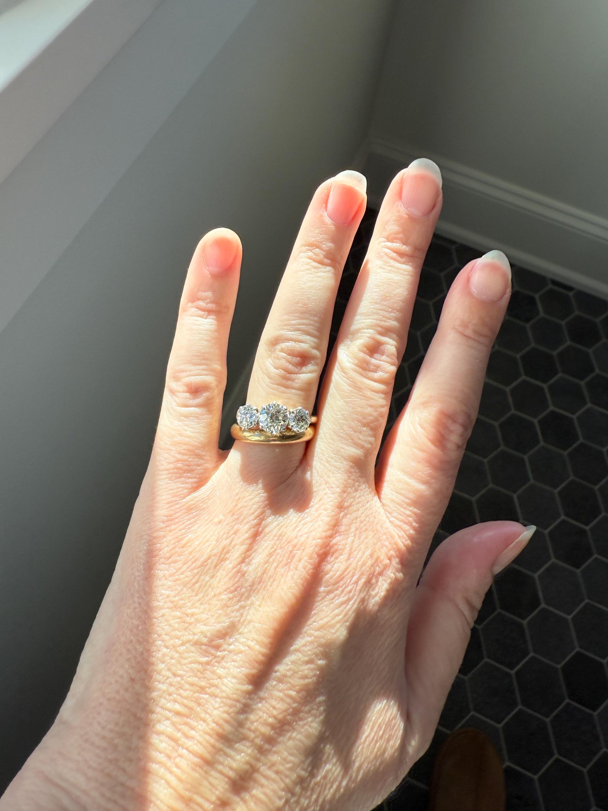 Antique Three Stone 2.3 Carats Old Mine Cut DiAMOND Ring 18k GOLD Platinum Chunky Tall Stacker Stackable Band 2.3Ctw OMC