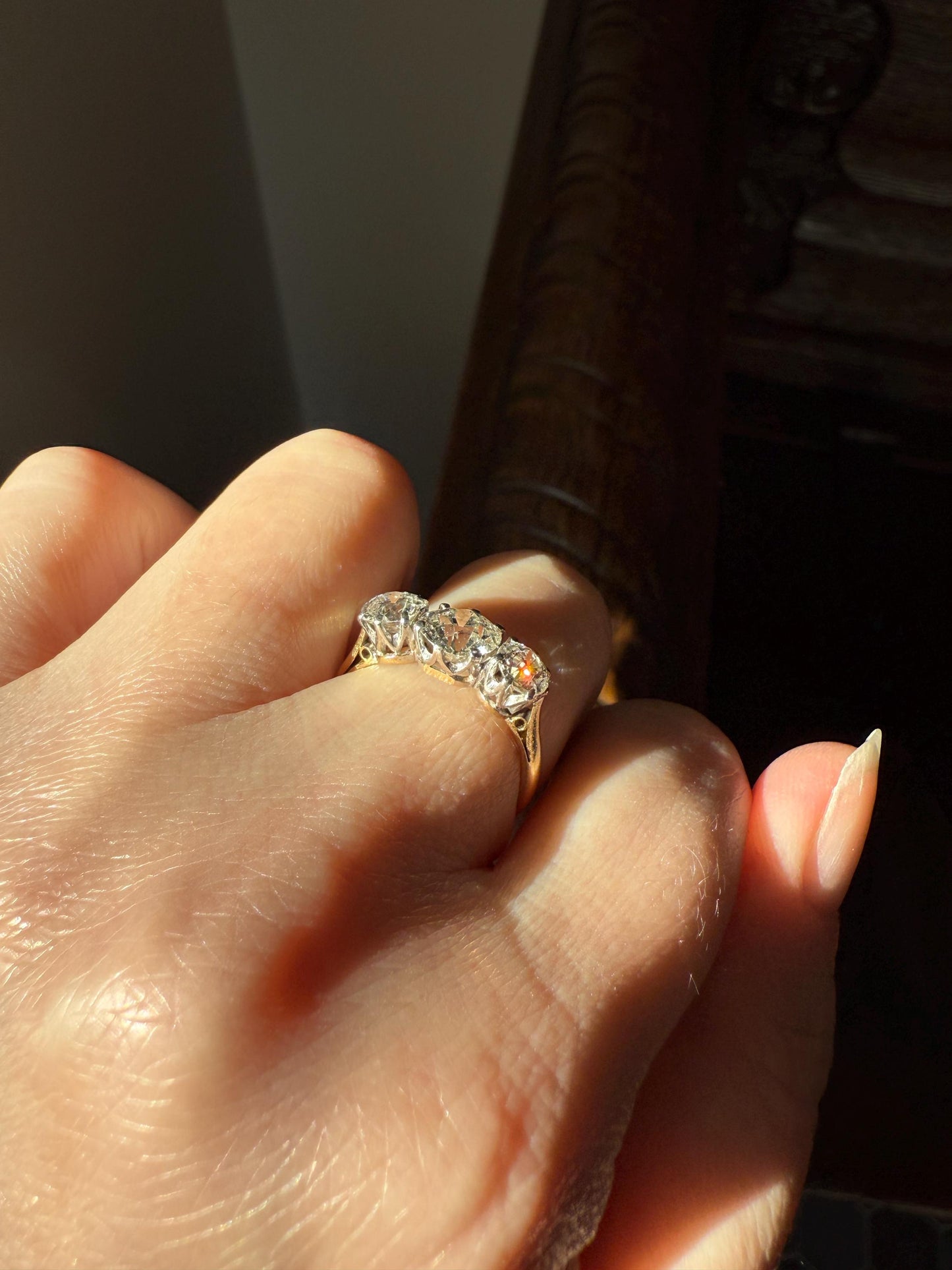 Antique Three Stone 2.3 Carats Old Mine Cut DiAMOND Ring 18k GOLD Platinum Chunky Tall Stacker Stackable Band 2.3Ctw OMC