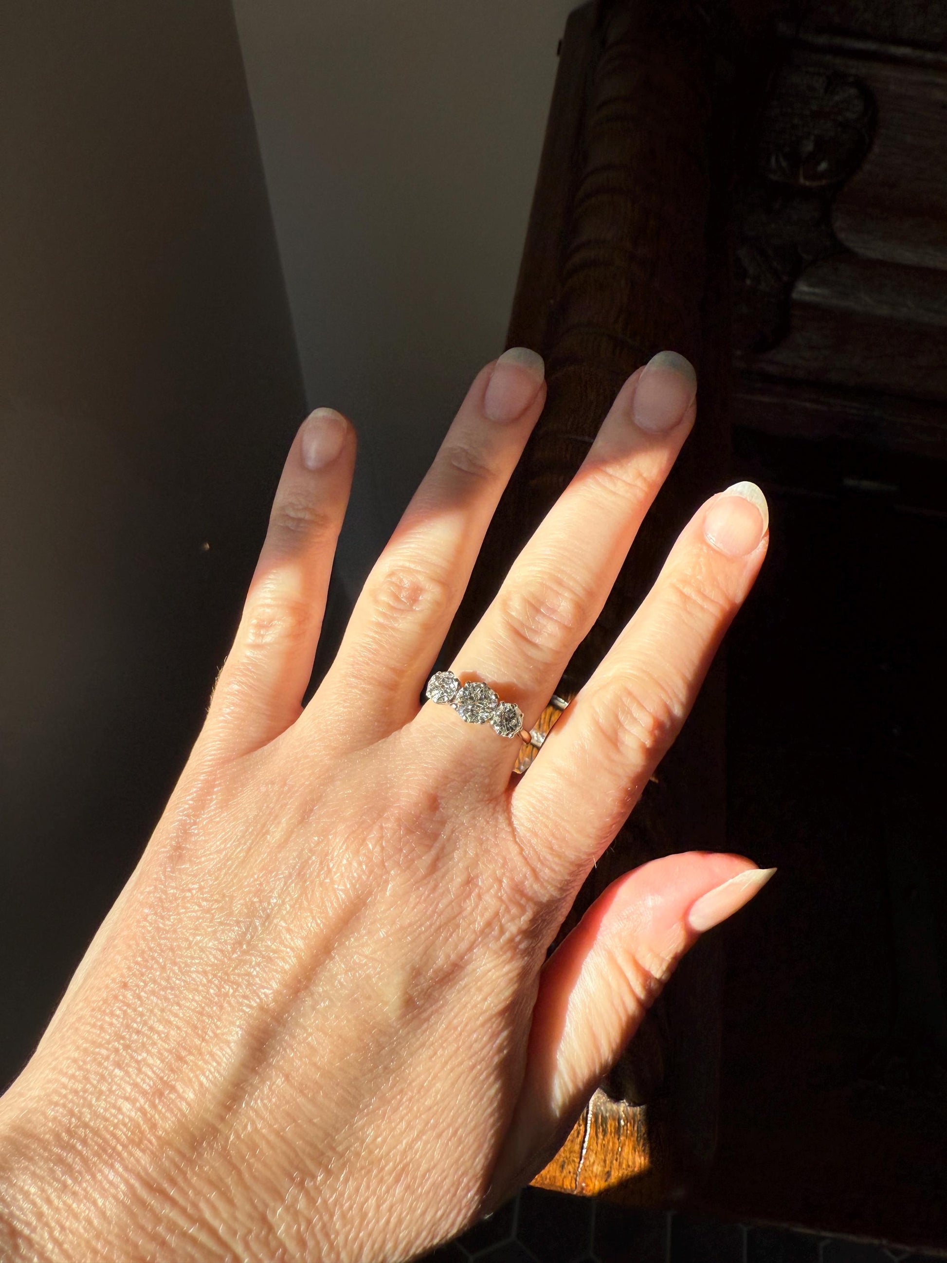 Antique Three Stone 2.3 Carats Old Mine Cut DiAMOND Ring 18k GOLD Platinum Chunky Tall Stacker Stackable Band 2.3Ctw OMC