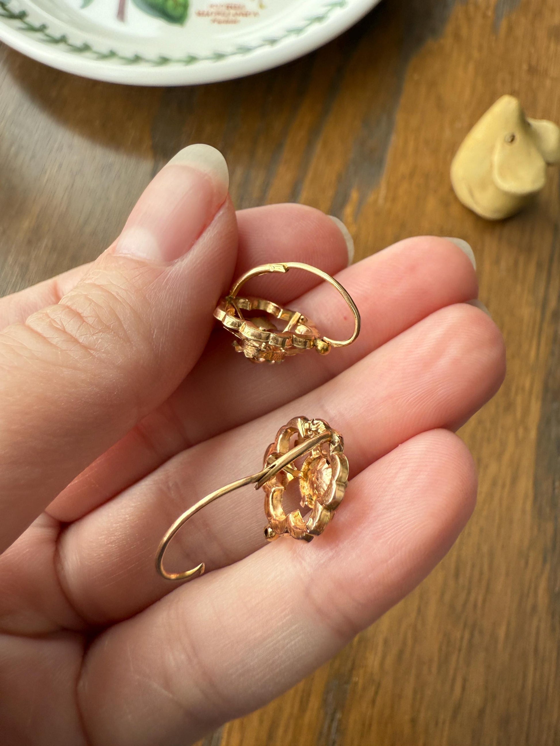 RIVETED Floral FRENCH Antique 18k GOLD Earrings Dainty Dormeuse Dangle Romantic Something Old Bridal Victorian Gift Belle Epoque