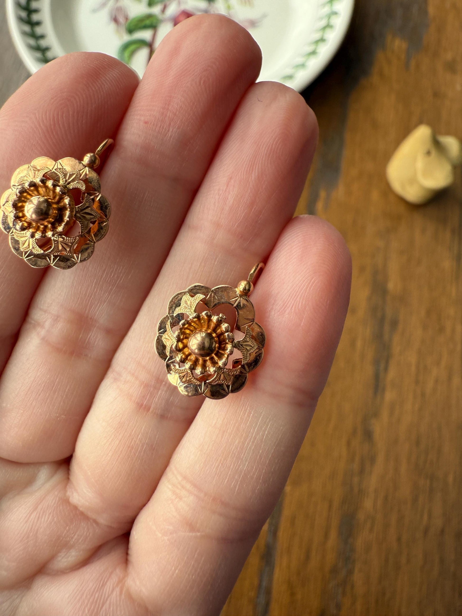 RIVETED Floral FRENCH Antique 18k GOLD Earrings Dainty Dormeuse Dangle Romantic Something Old Bridal Victorian Gift Belle Epoque