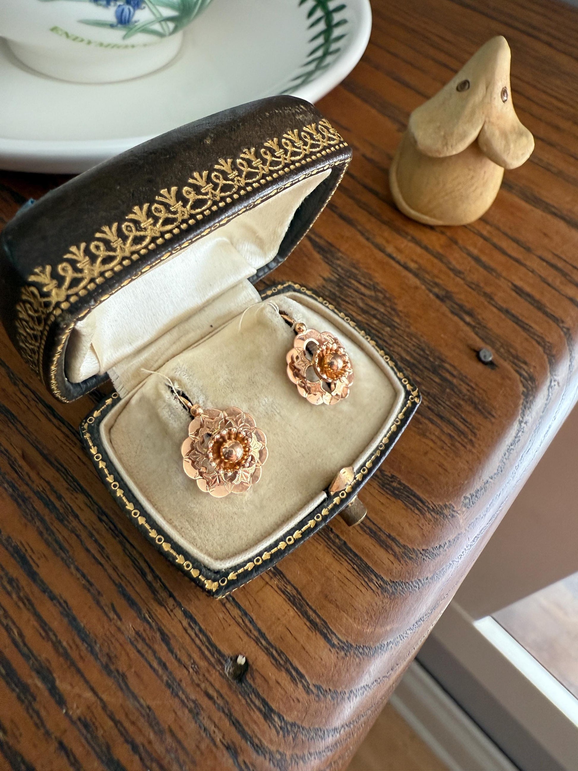 RIVETED Floral FRENCH Antique 18k GOLD Earrings Dainty Dormeuse Dangle Romantic Something Old Bridal Victorian Gift Belle Epoque