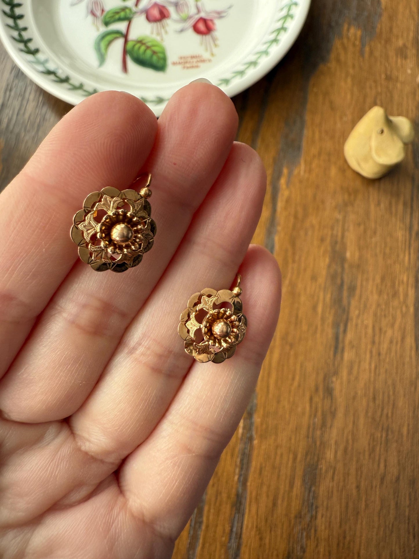 RIVETED Floral FRENCH Antique 18k GOLD Earrings Dainty Dormeuse Dangle Romantic Something Old Bridal Victorian Gift Belle Epoque