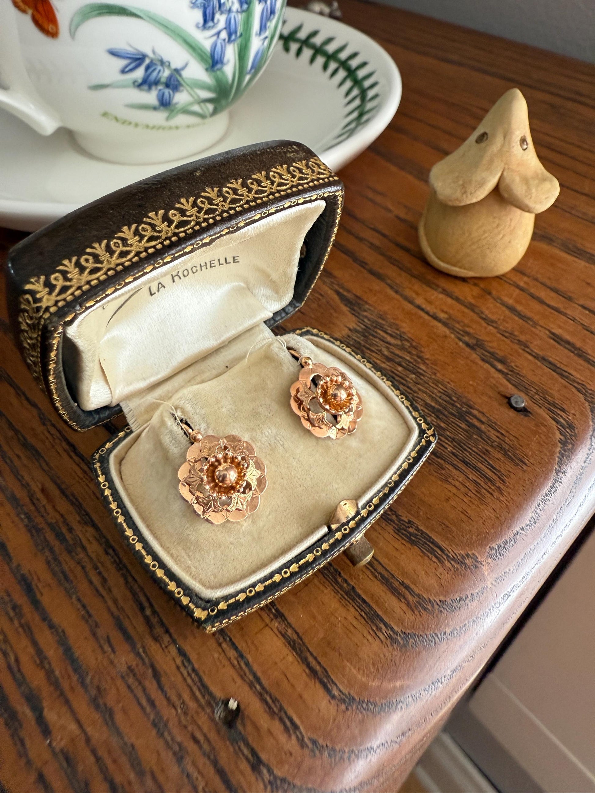 RIVETED Floral FRENCH Antique 18k GOLD Earrings Dainty Dormeuse Dangle Romantic Something Old Bridal Victorian Gift Belle Epoque