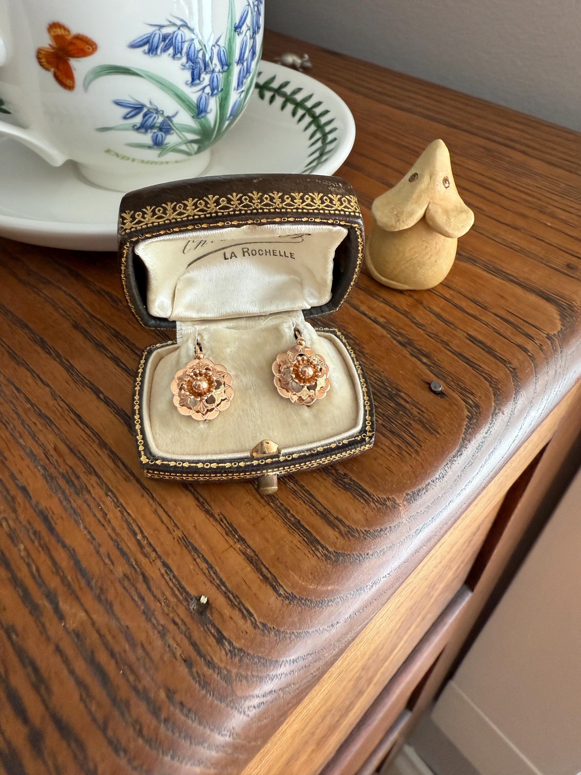 RIVETED Floral FRENCH Antique 18k GOLD Earrings Dainty Dormeuse Dangle Romantic Something Old Bridal Victorian Gift Belle Epoque