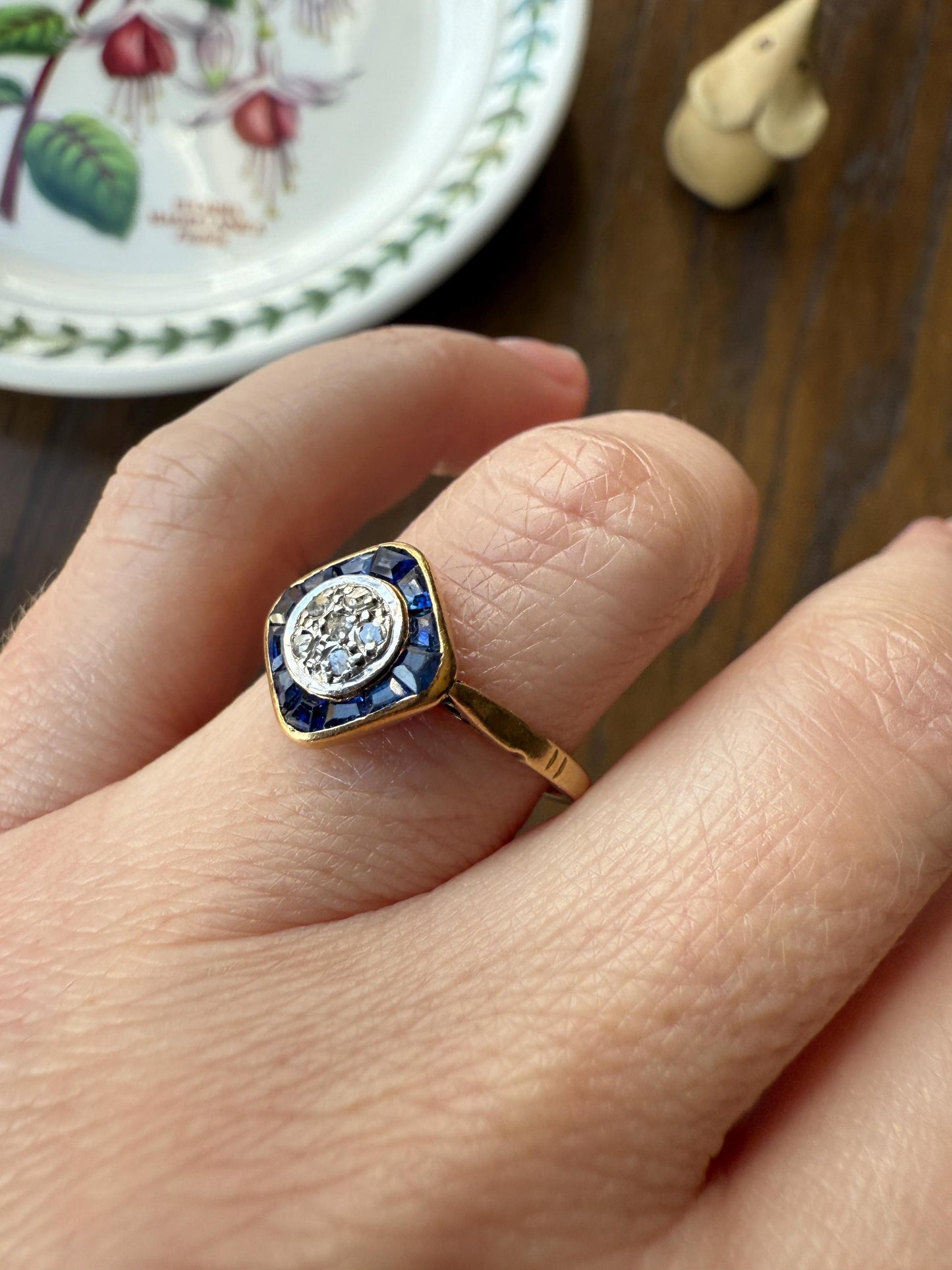 Antique Rose Cut Diamond Trapezoid Sapphire HALO Ring 18k Gold Blue Target Bullseye Square Geometric Stacker