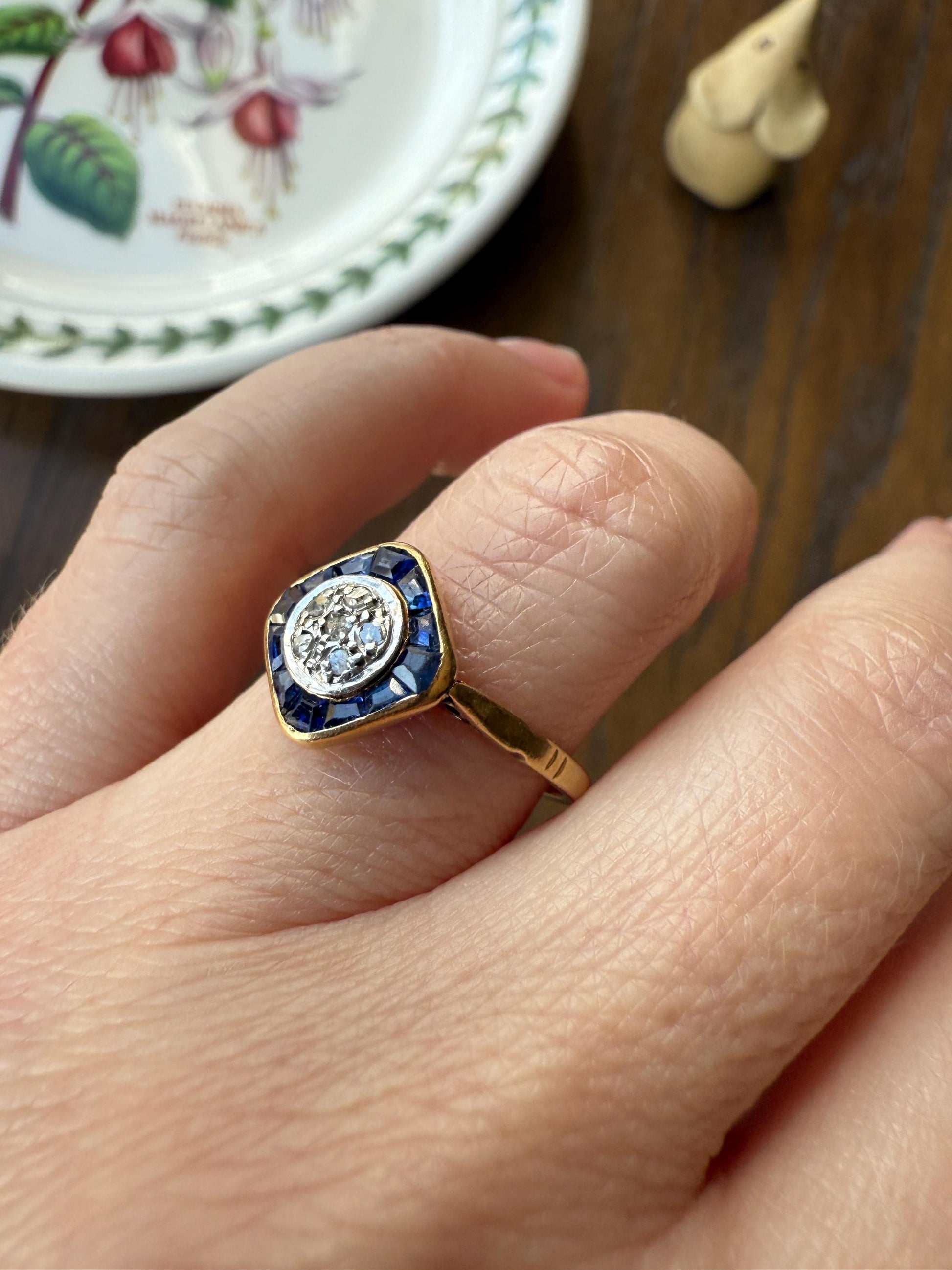 Antique Rose Cut Diamond Trapezoid Sapphire HALO Ring 18k Gold Blue Target Bullseye Square Geometric Stacker