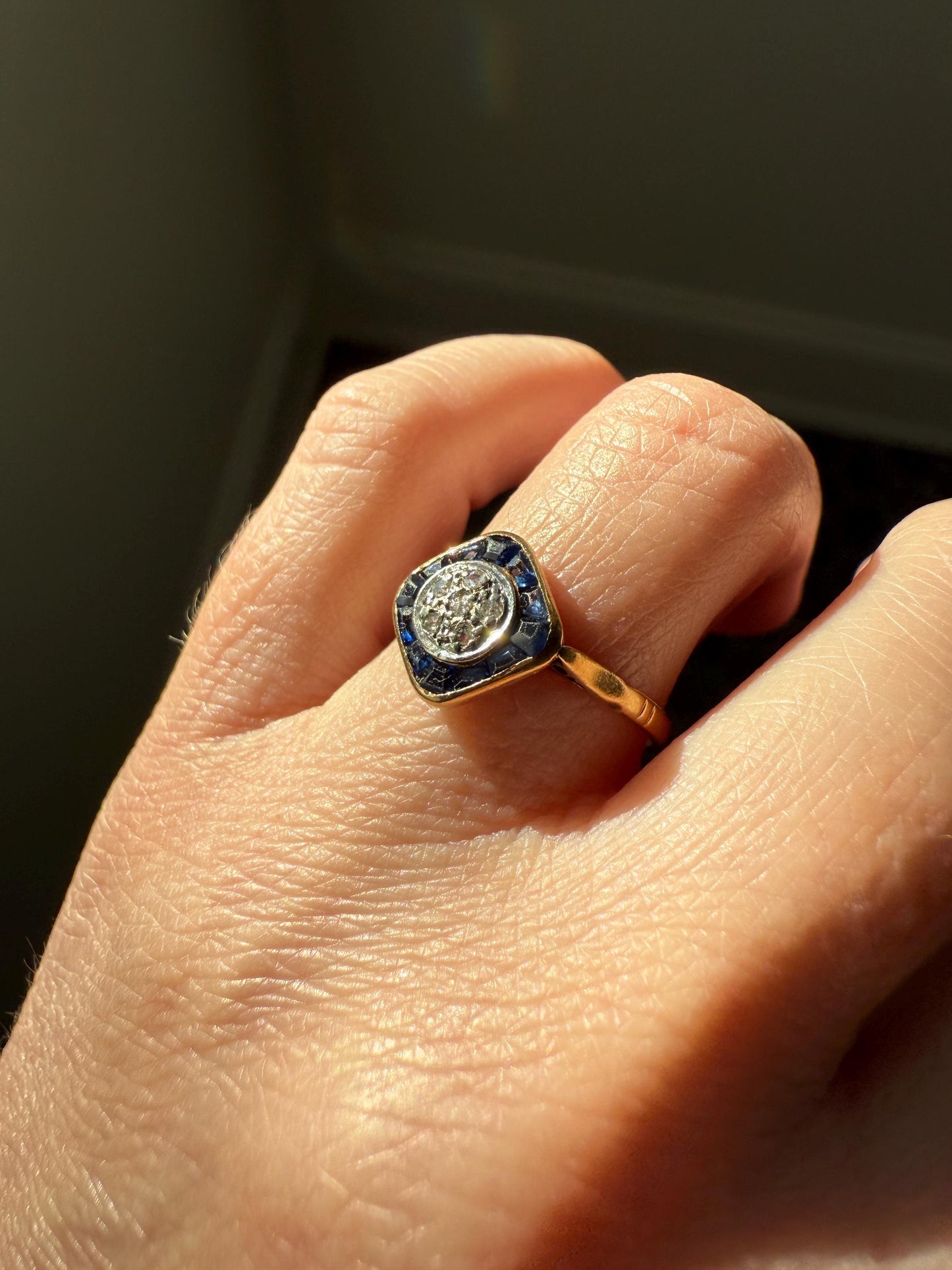 Antique Rose Cut Diamond Trapezoid Sapphire HALO Ring 18k Gold Blue Target Bullseye Square Geometric Stacker