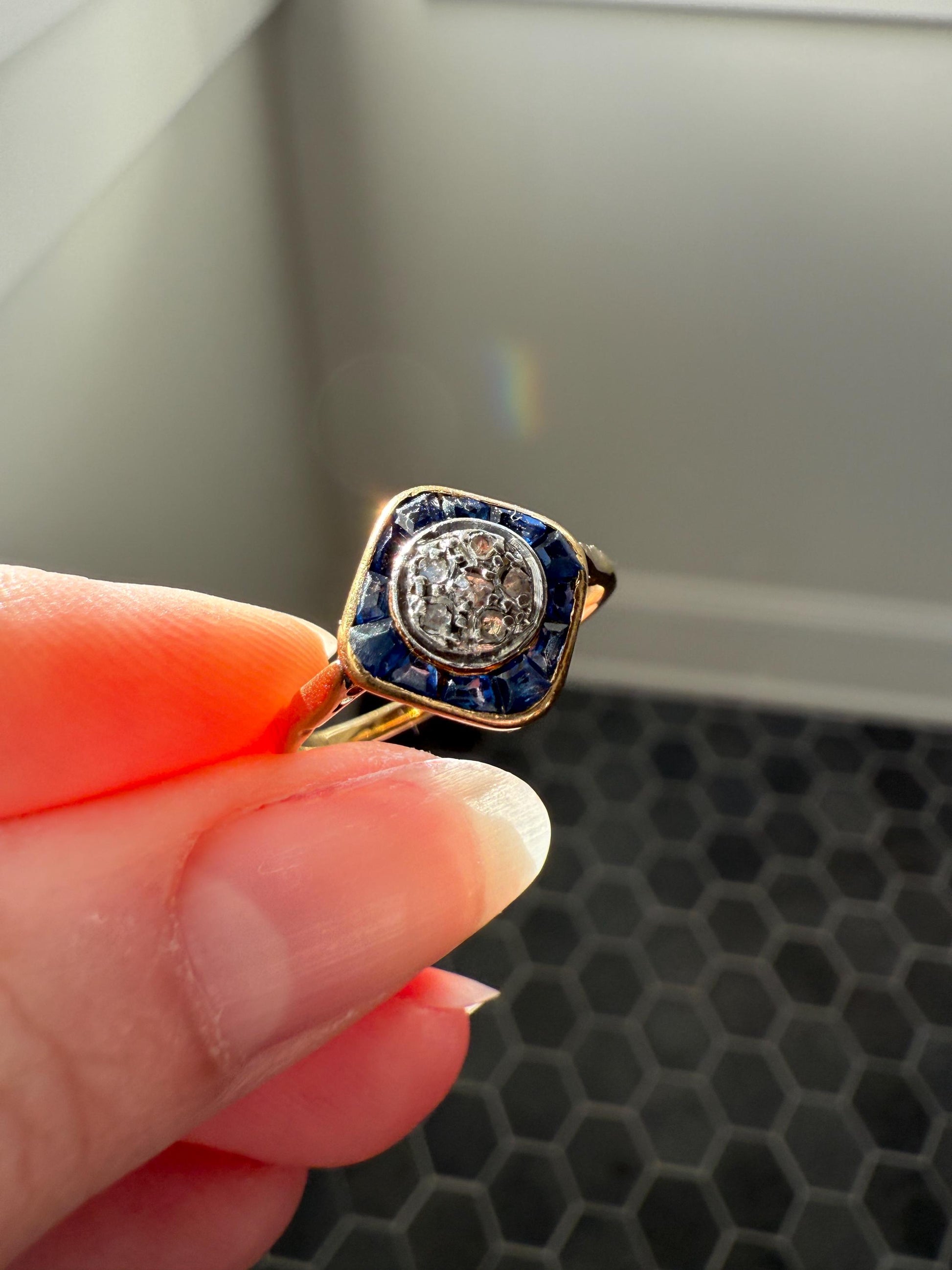 Antique Rose Cut Diamond Trapezoid Sapphire HALO Ring 18k Gold Blue Target Bullseye Square Geometric Stacker