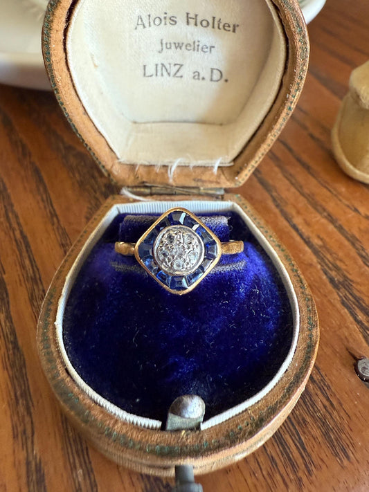 Antique Rose Cut Diamond Trapezoid Sapphire HALO Ring 18k Gold Blue Target Bullseye Square Geometric Stacker