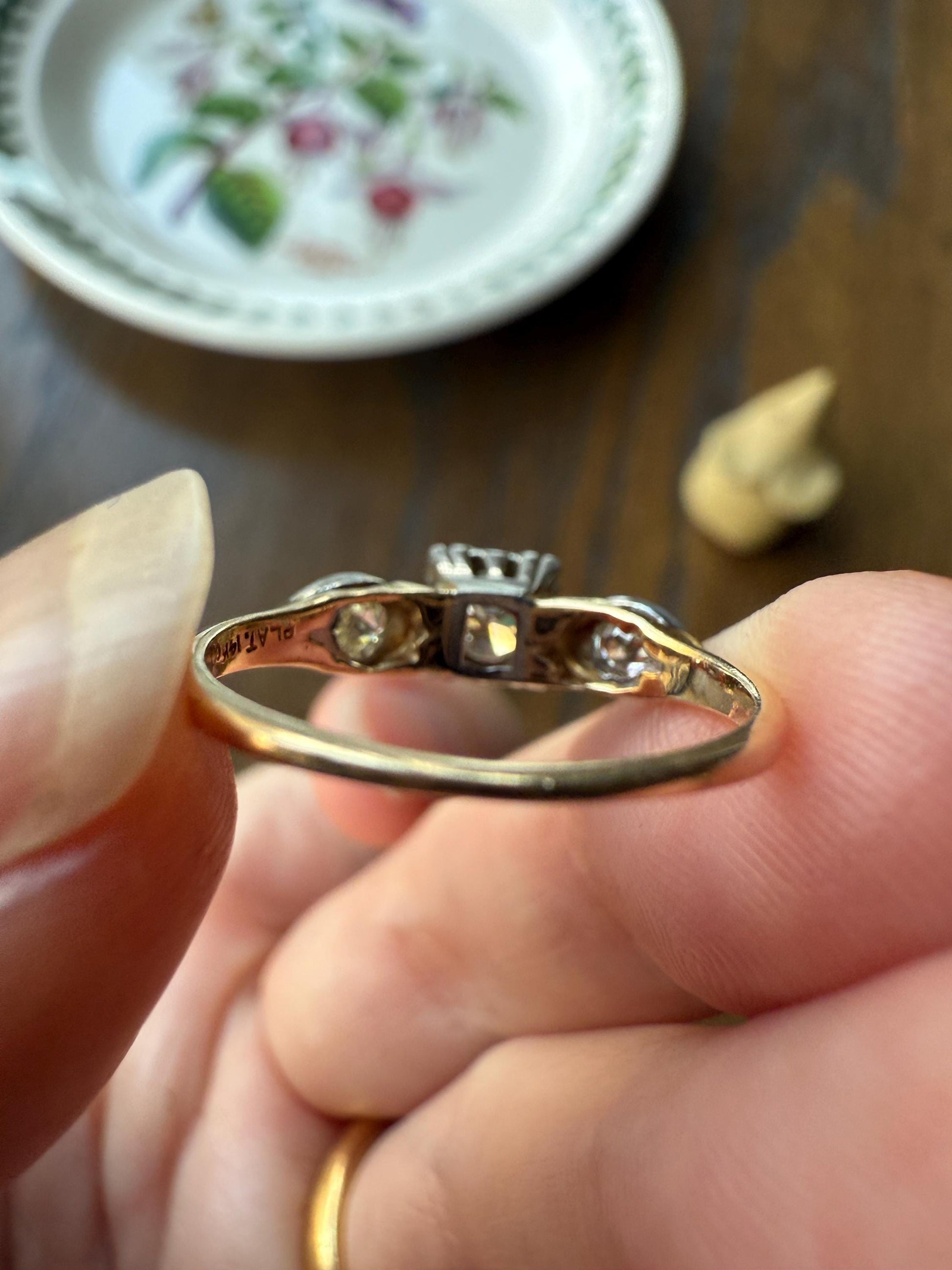 Old European Cut Diamond .75 Carat Tdw Three Stone Ring Solitaire with Accents Engagement Ring 14k Gold Platinum Edwardian Art Deco