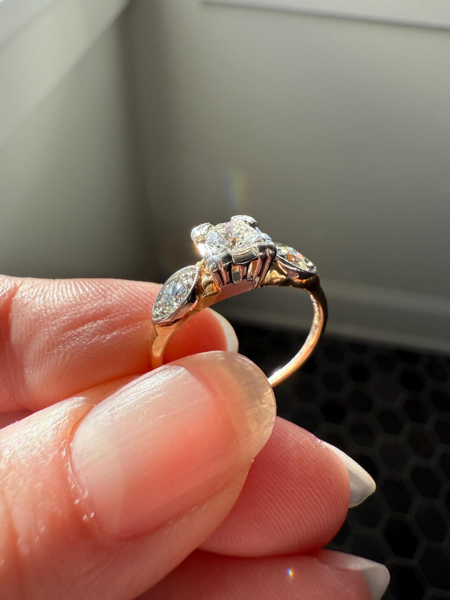 Old European Cut Diamond .75 Carat Tdw Three Stone Ring Solitaire with Accents Engagement Ring 14k Gold Platinum Edwardian Art Deco