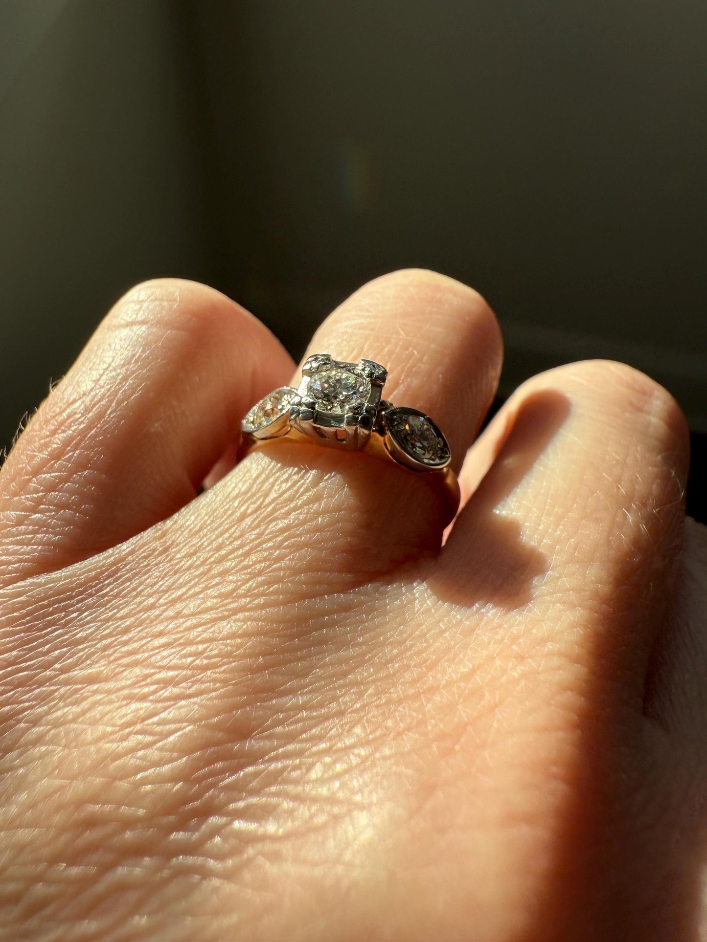 Old European Cut Diamond .75 Carat Tdw Three Stone Ring Solitaire with Accents Engagement Ring 14k Gold Platinum Edwardian Art Deco