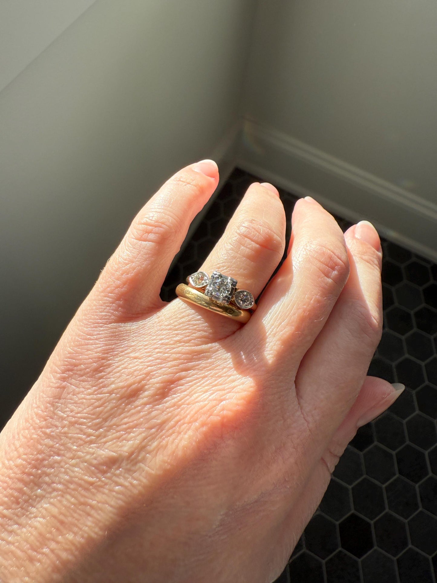 Old European Cut Diamond .75 Carat Tdw Three Stone Ring Solitaire with Accents Engagement Ring 14k Gold Platinum Edwardian Art Deco