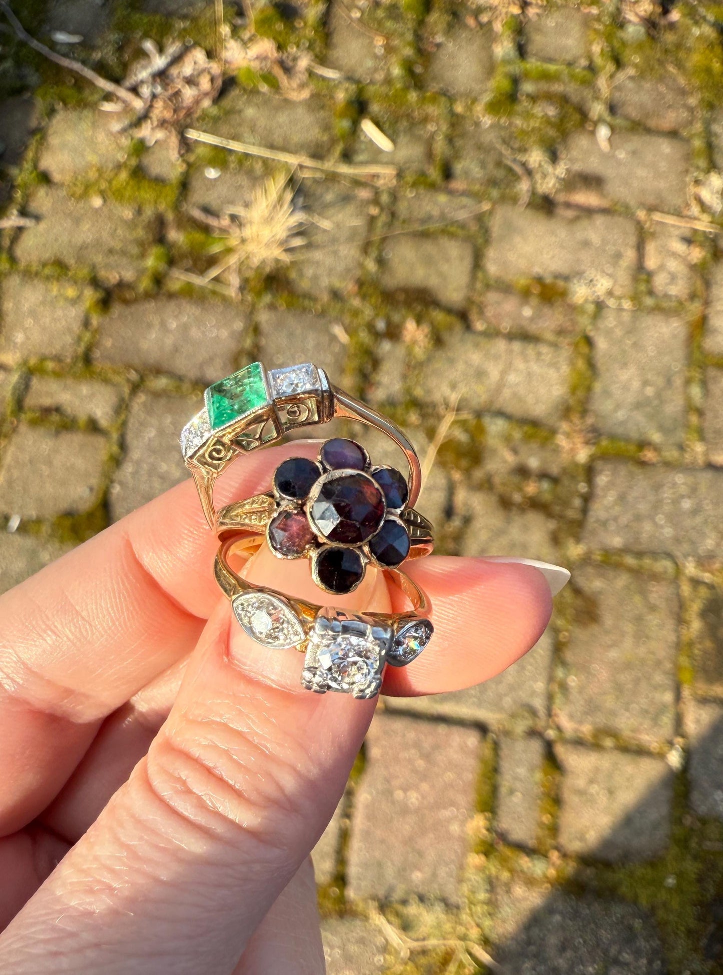 Old European Cut Diamond .75 Carat Tdw Three Stone Ring Solitaire with Accents Engagement Ring 14k Gold Platinum Edwardian Art Deco