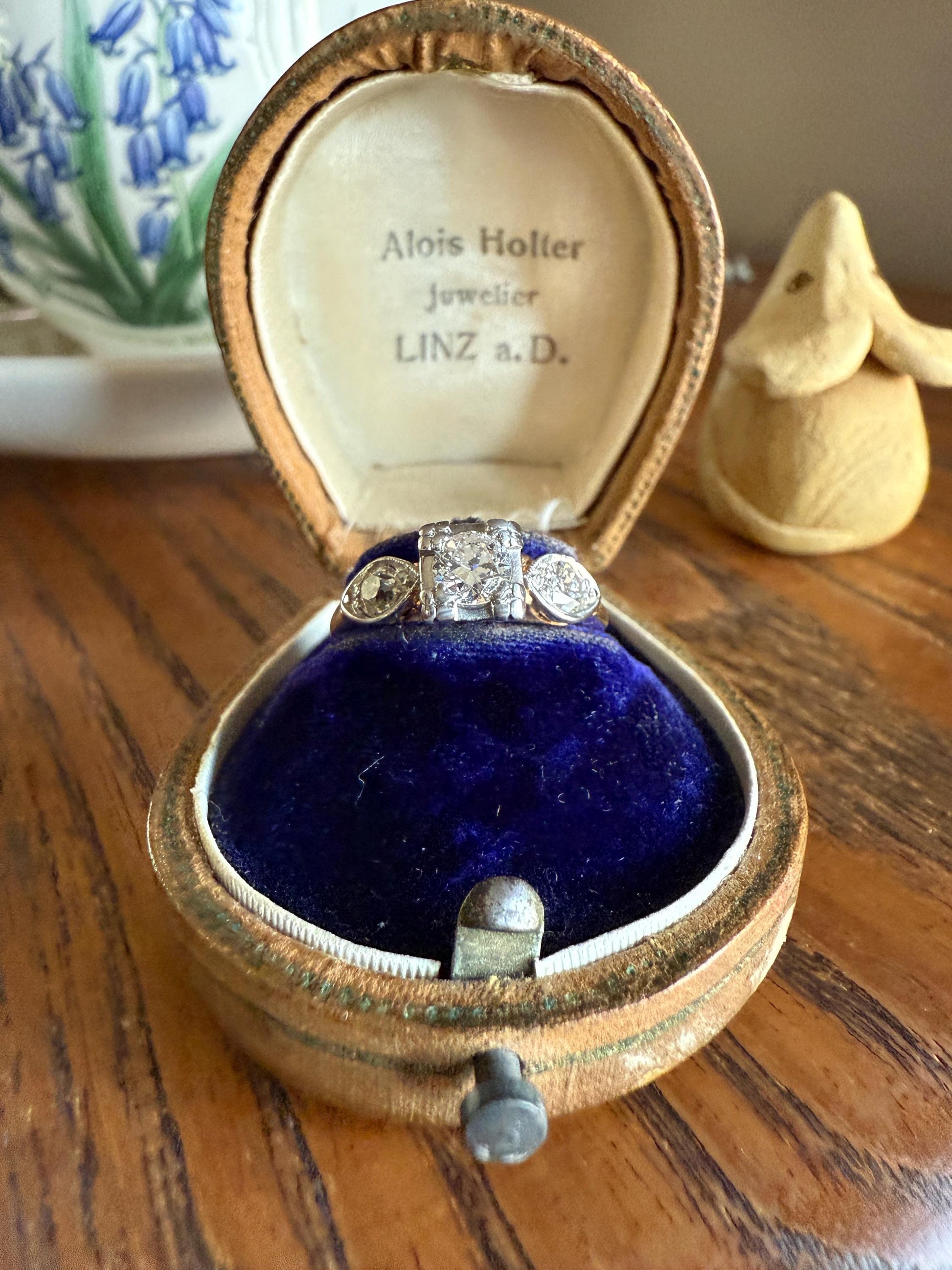 Old European Cut Diamond .75 Carat Tdw Three Stone Ring Solitaire with Accents Engagement Ring 14k Gold Platinum Edwardian Art Deco