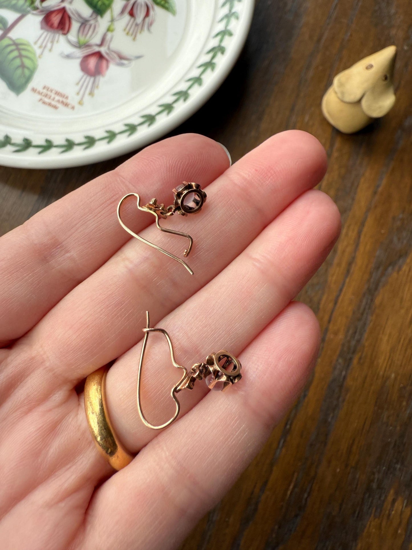 Antique Blue Moonstone ORB Victorian Dangle Earrings Buttercup Prongs 14k Rosy Gold Glowing Drops