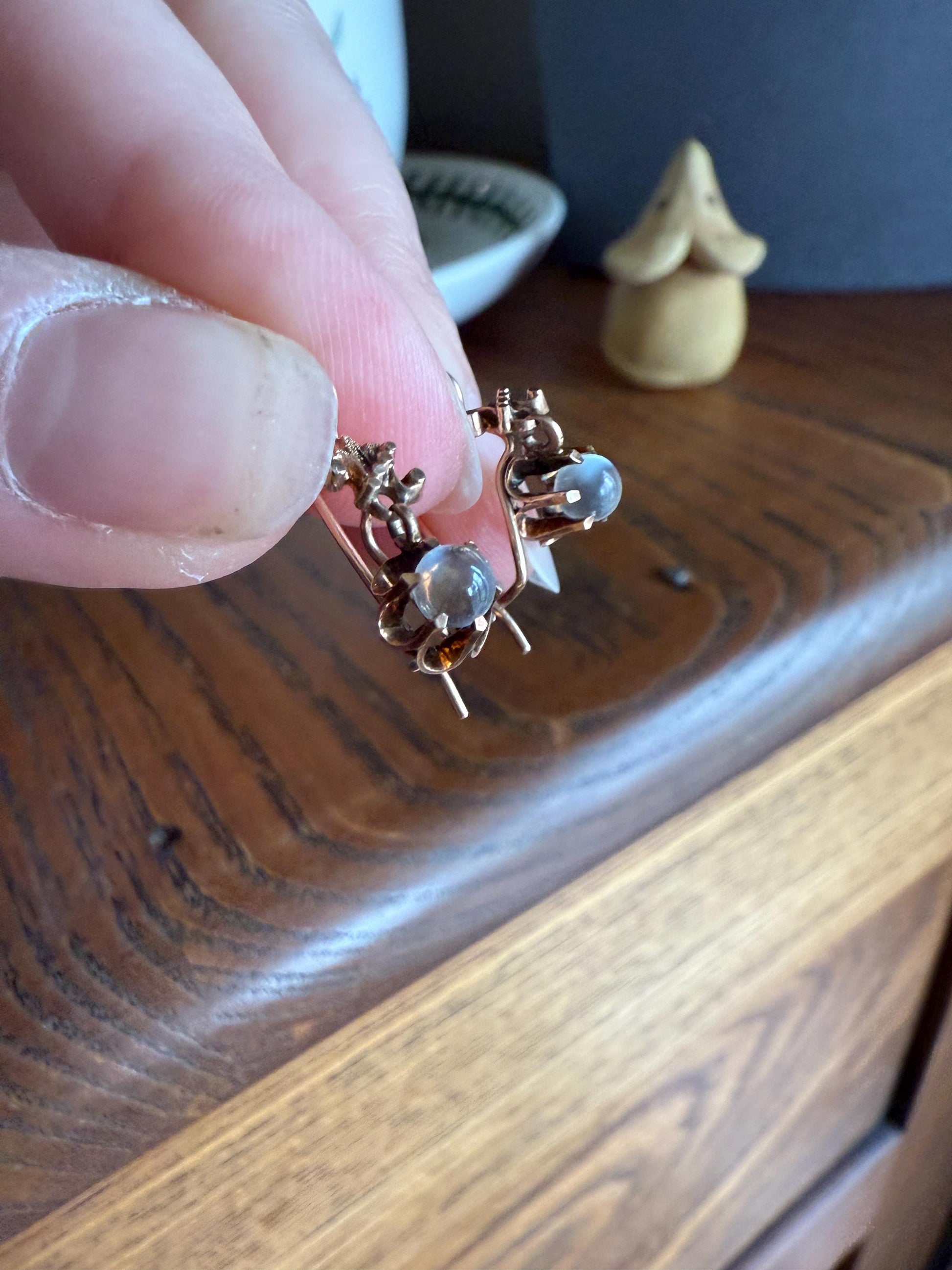 Antique Blue Moonstone ORB Victorian Dangle Earrings Buttercup Prongs 14k Rosy Gold Glowing Drops