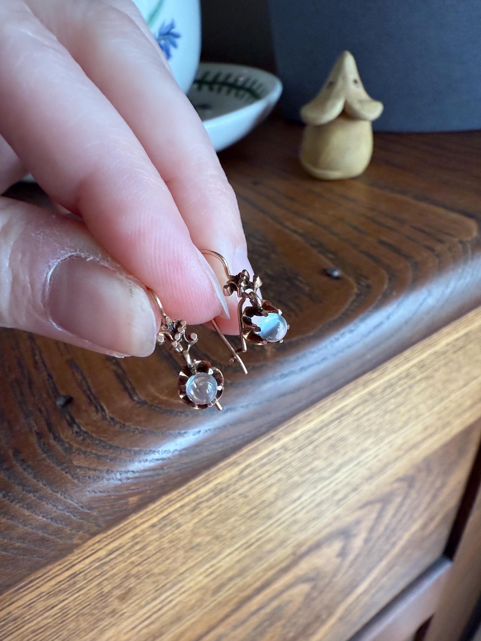 Antique Blue Moonstone ORB Victorian Dangle Earrings Buttercup Prongs 14k Rosy Gold Glowing Drops