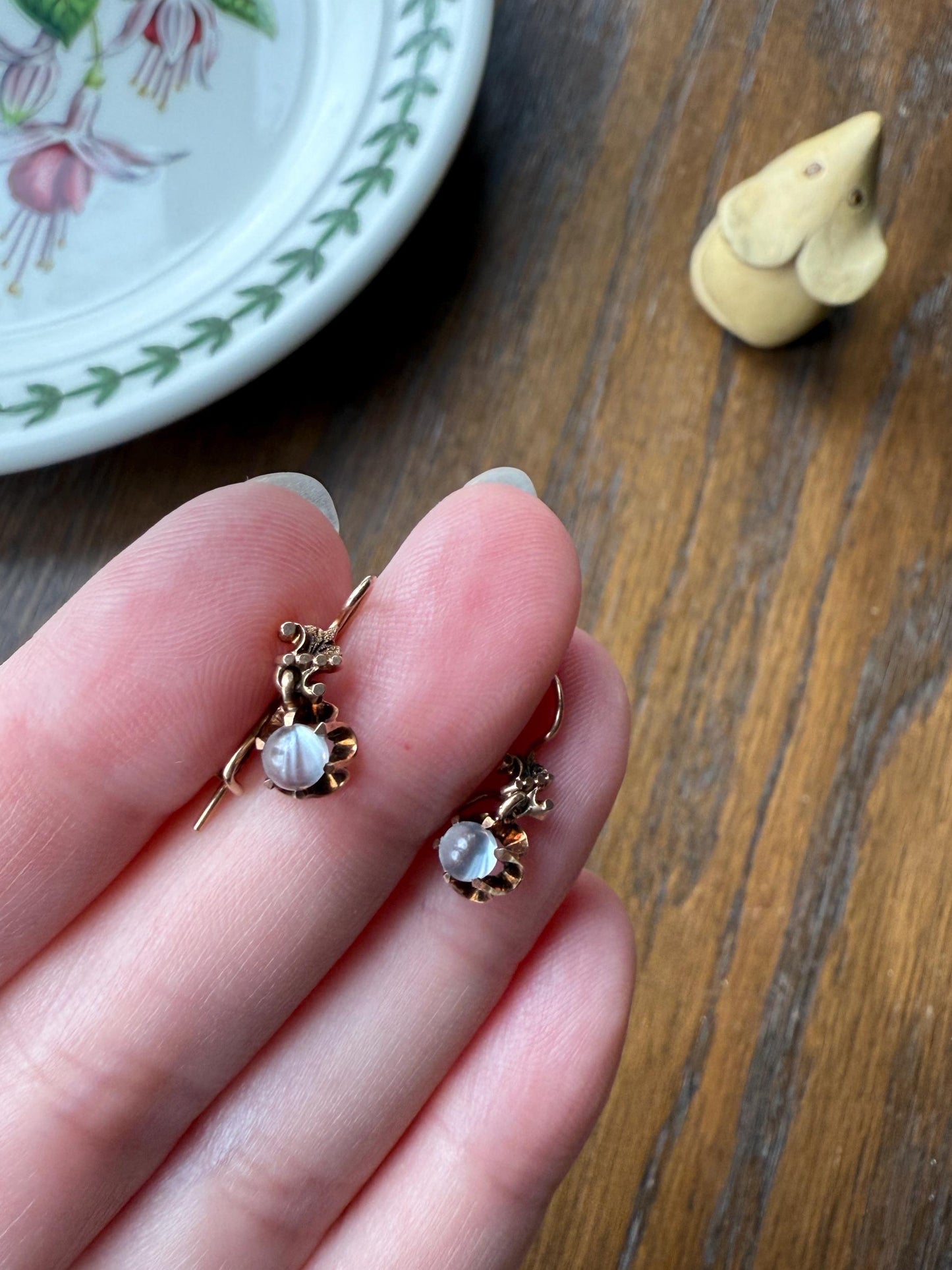 Antique Blue Moonstone ORB Victorian Dangle Earrings Buttercup Prongs 14k Rosy Gold Glowing Drops
