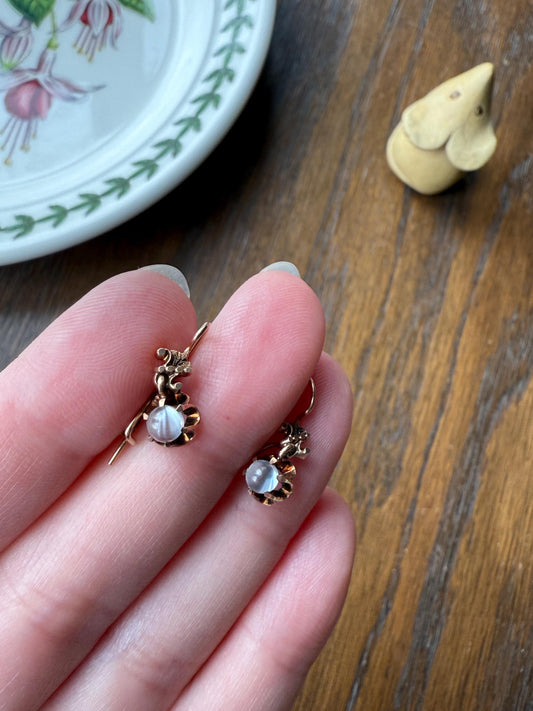 Antique Blue Moonstone ORB Victorian Dangle Earrings Buttercup Prongs 14k Rosy Gold Glowing Drops