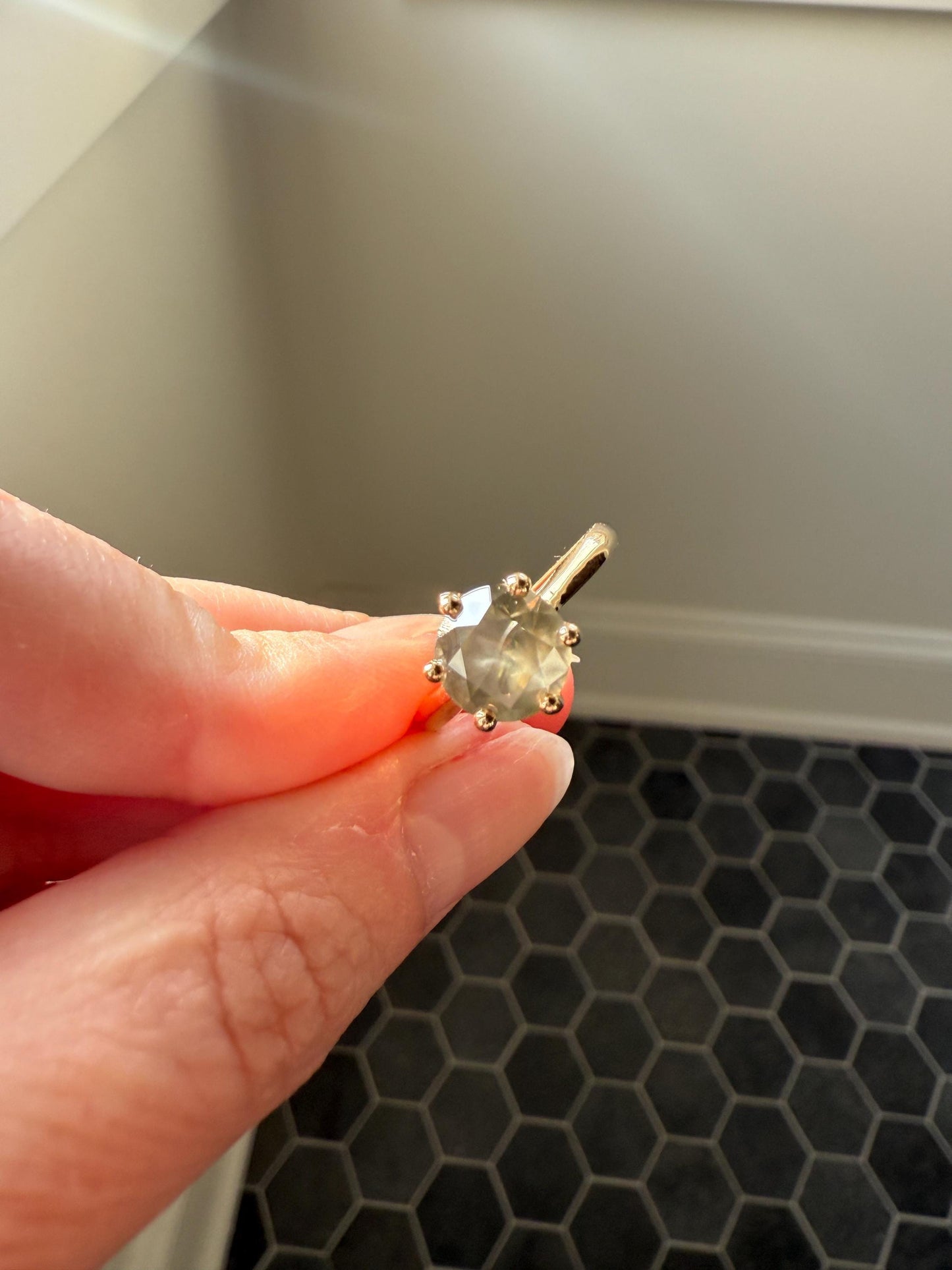 Fancy Intense Yellowish Gray Natural Diamond 2.4 Carat Solitaire Ring Smoky Inner Glow Aura French Vintage 18k Gold Unique Engagement Ooak