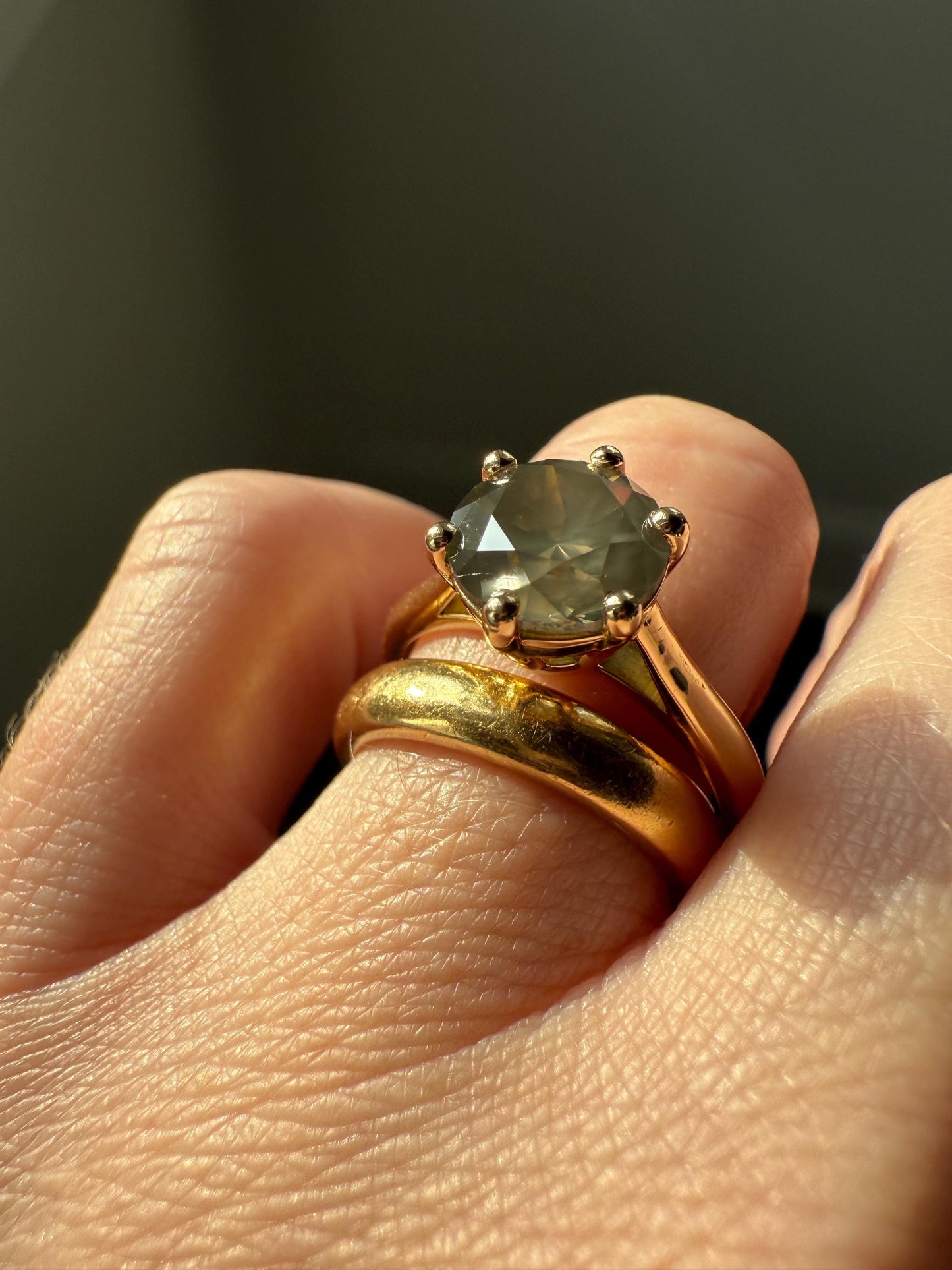 Fancy Intense Yellowish Gray Natural Diamond 2.4 Carat Solitaire Ring Smoky Inner Glow Aura French Vintage 18k Gold Unique Engagement Ooak