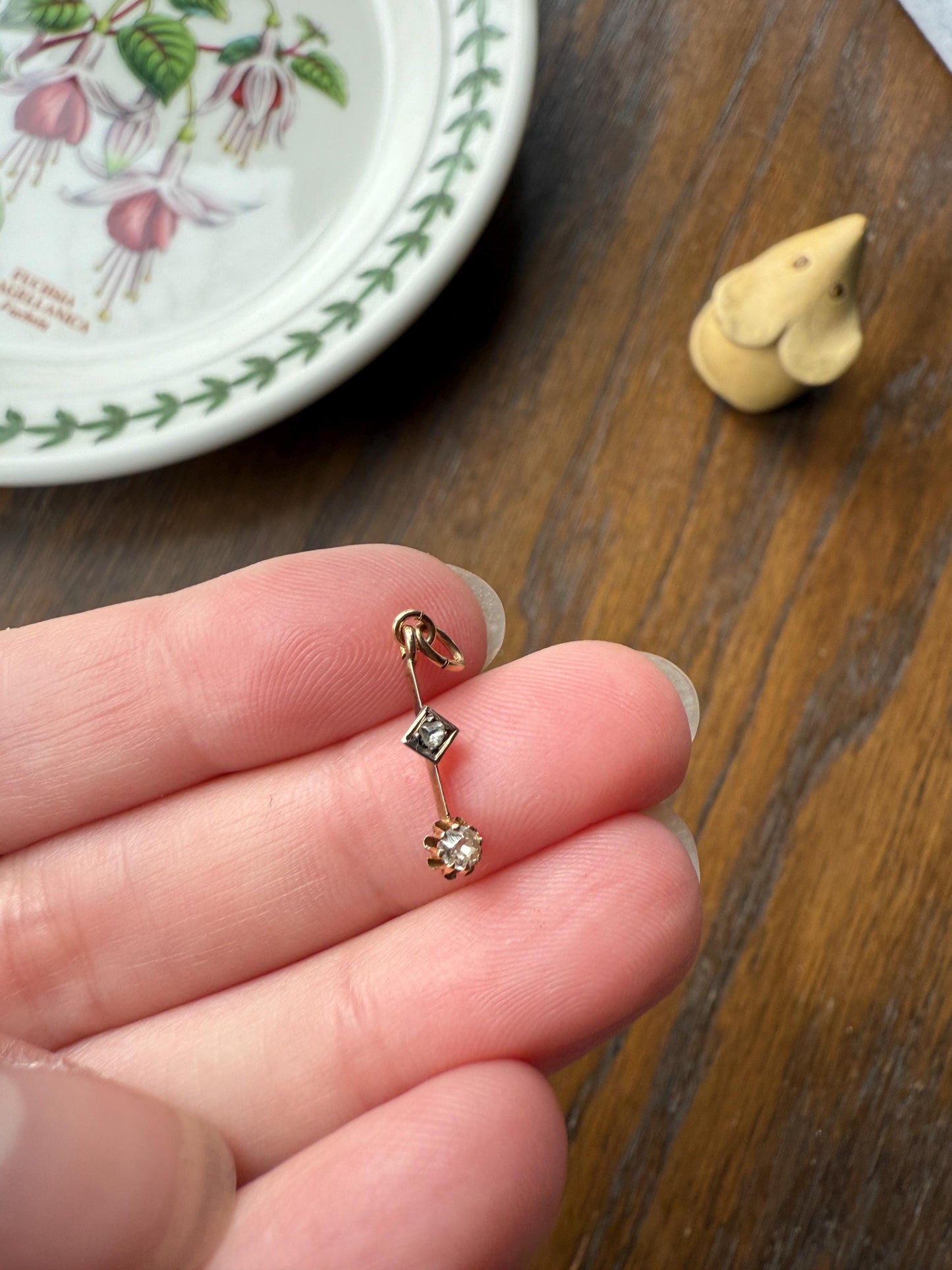 VICTORIAN Antique Old Mine Cut DIAMOND Rose Cut Dangle PENDANT Linear Charm 18k Gold 10k Loop French Belle Epoque Buttercup Minimalist Gift