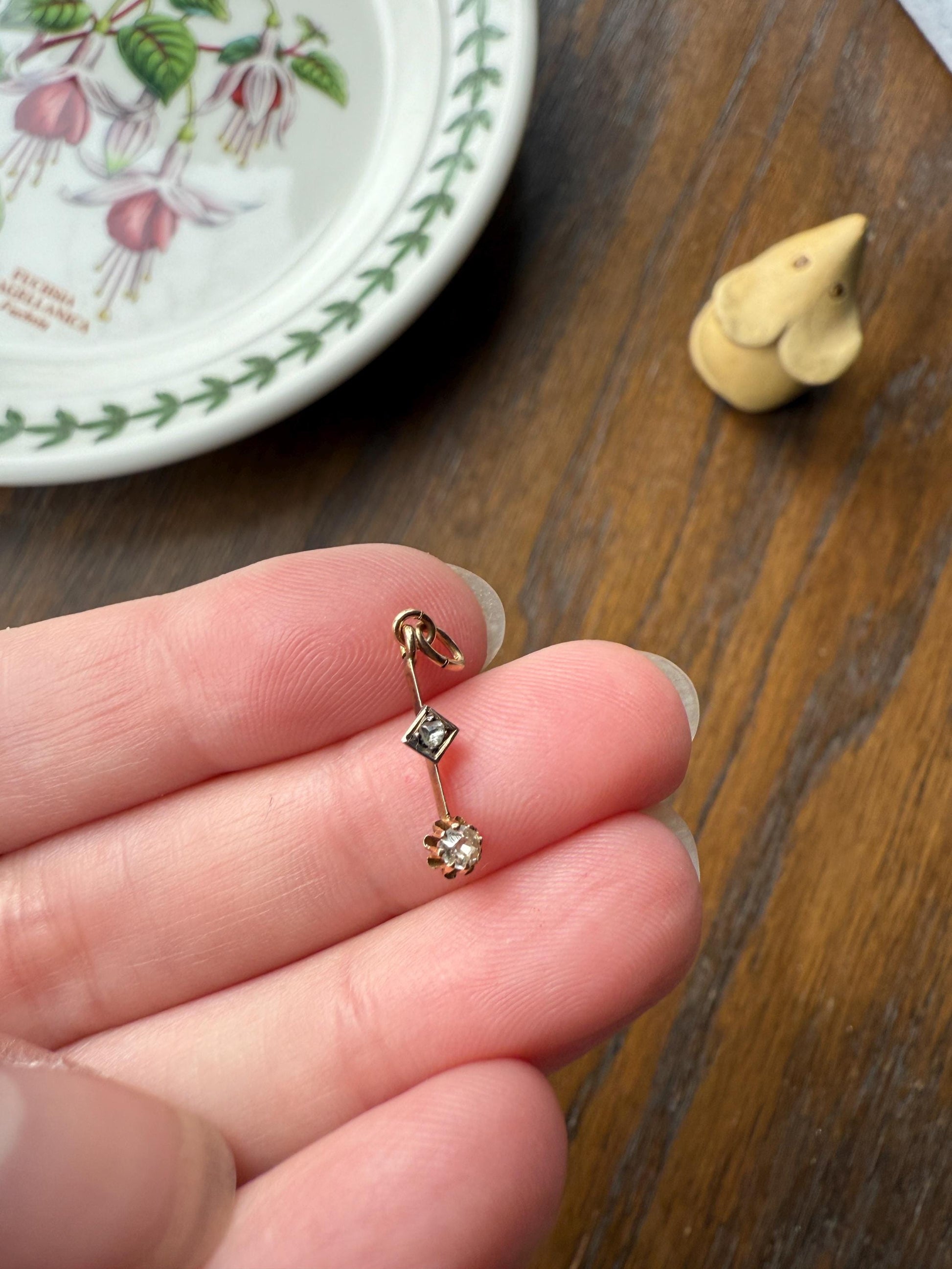 VICTORIAN Antique Old Mine Cut DIAMOND Rose Cut Dangle PENDANT Linear Charm 18k Gold 10k Loop French Belle Epoque Buttercup Minimalist Gift