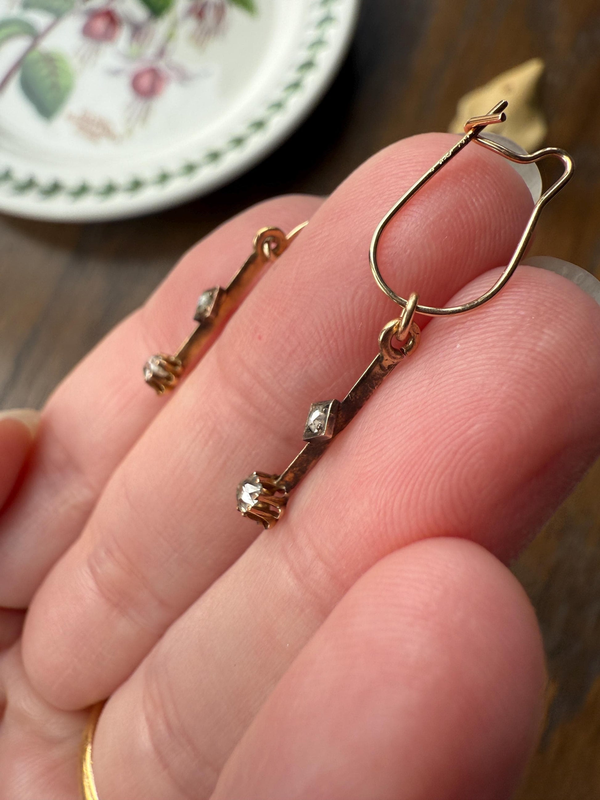 VICTORIAN Antique Old Mine Cut DIAMOND Rose Cut Dangle Earrings Linear 18k Gold 14k Ear Wires French Belle Epoque Buttercup Minimalist Gift