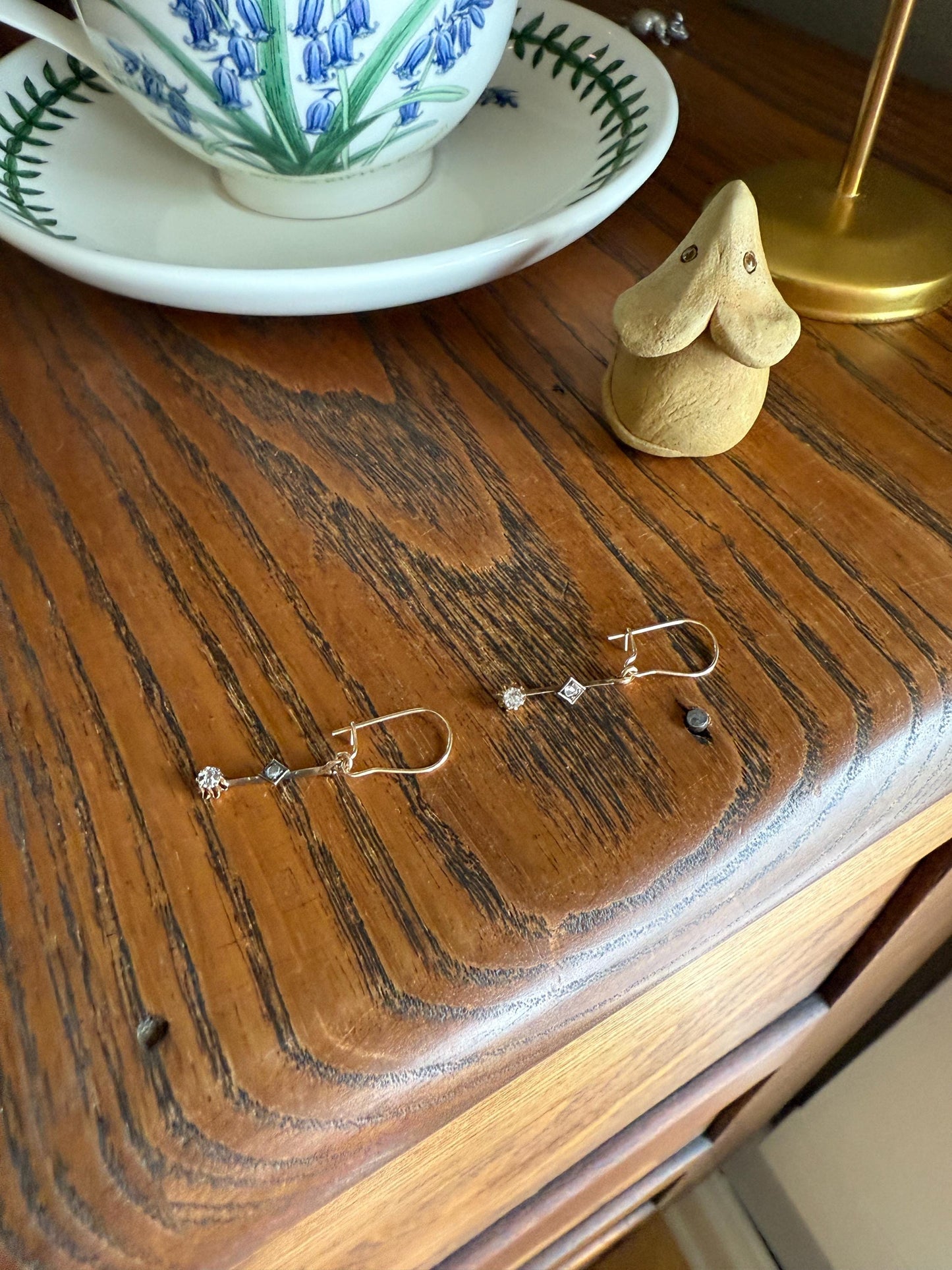 VICTORIAN Antique Old Mine Cut DIAMOND Rose Cut Dangle Earrings Linear 18k Gold 14k Ear Wires French Belle Epoque Buttercup Minimalist Gift