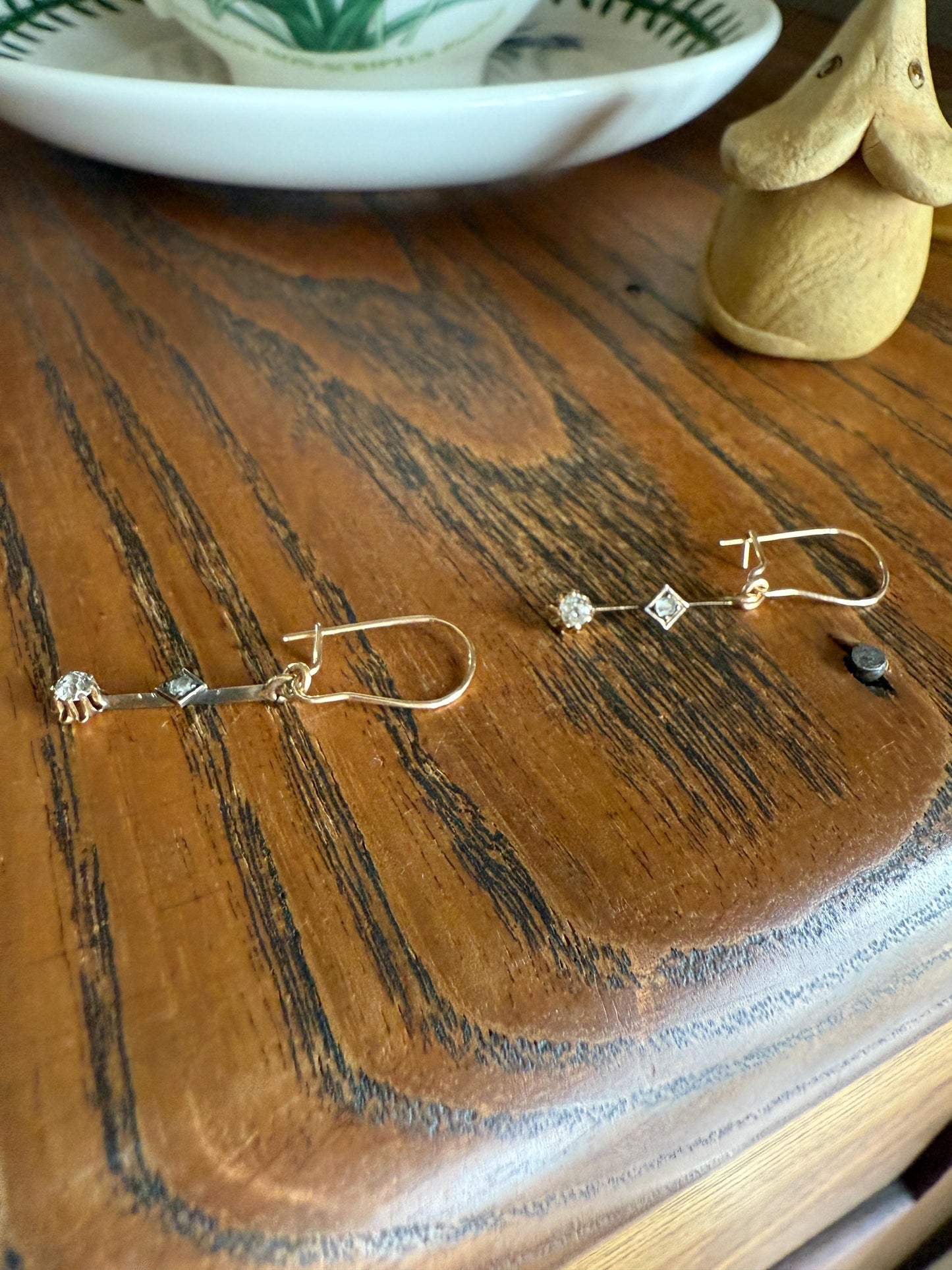 VICTORIAN Antique Old Mine Cut DIAMOND Rose Cut Dangle Earrings Linear 18k Gold 14k Ear Wires French Belle Epoque Buttercup Minimalist Gift