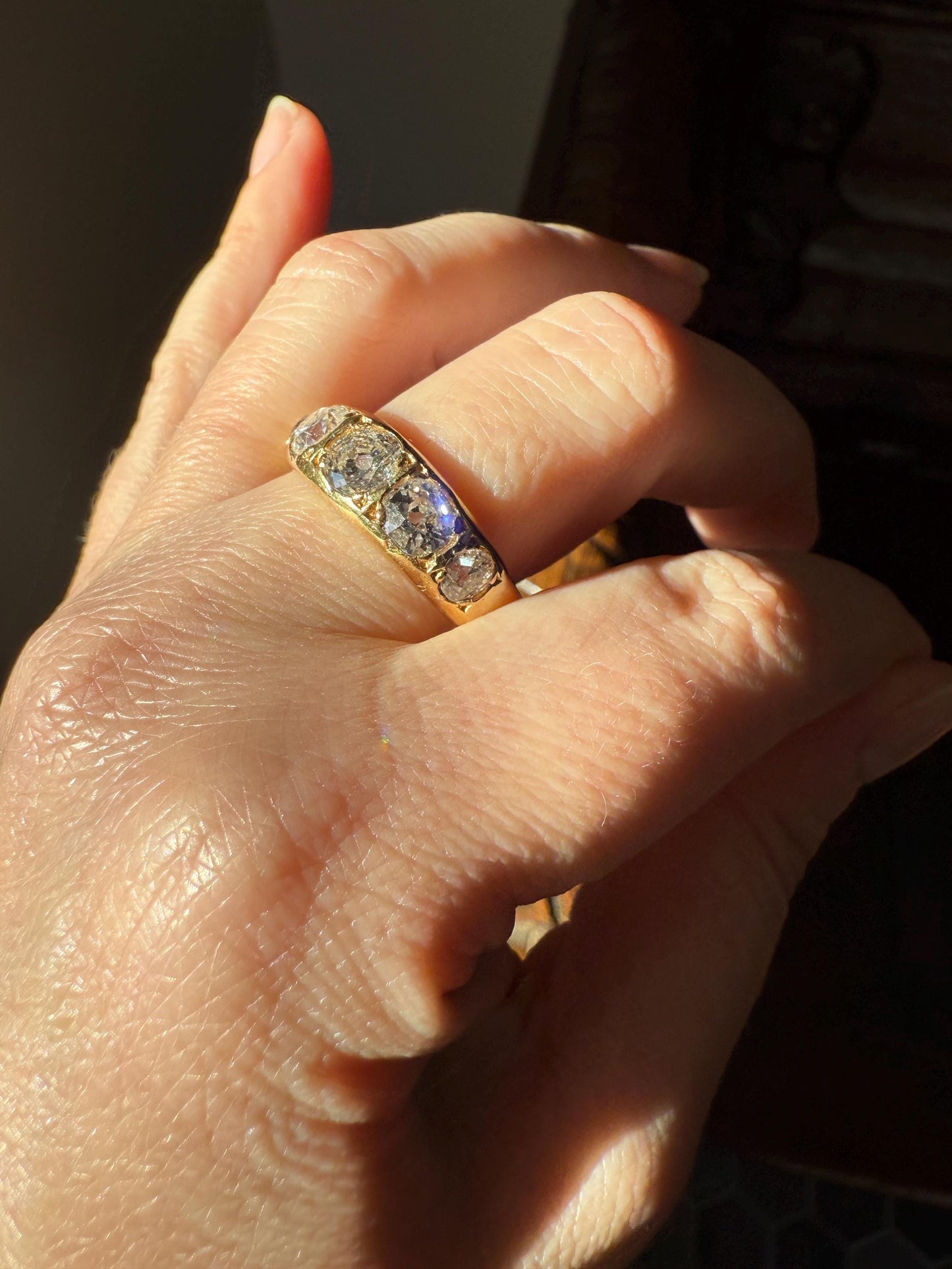 XL 2.5 Carats FIVE Stone Old Mine Cut DIAMOND Gypsy Ring Wide Band 18k Gold Solid Chunky Antique Edwardian Victorian Stacker OmC Man Unisex