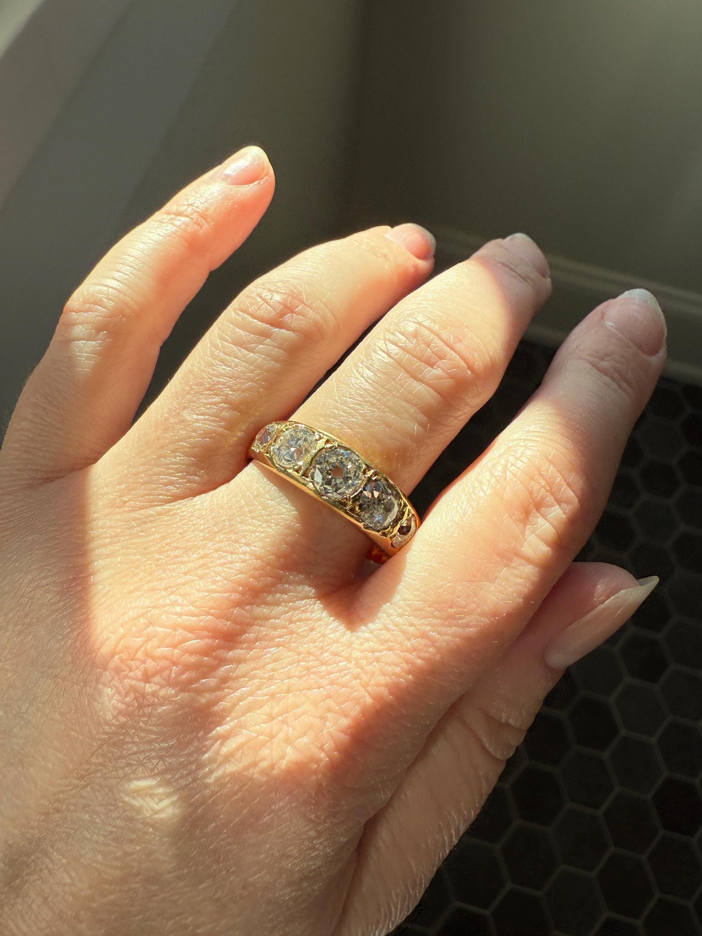 XL 2.5 Carats FIVE Stone Old Mine Cut DIAMOND Gypsy Ring Wide Band 18k Gold Solid Chunky Antique Edwardian Victorian Stacker OmC Man Unisex