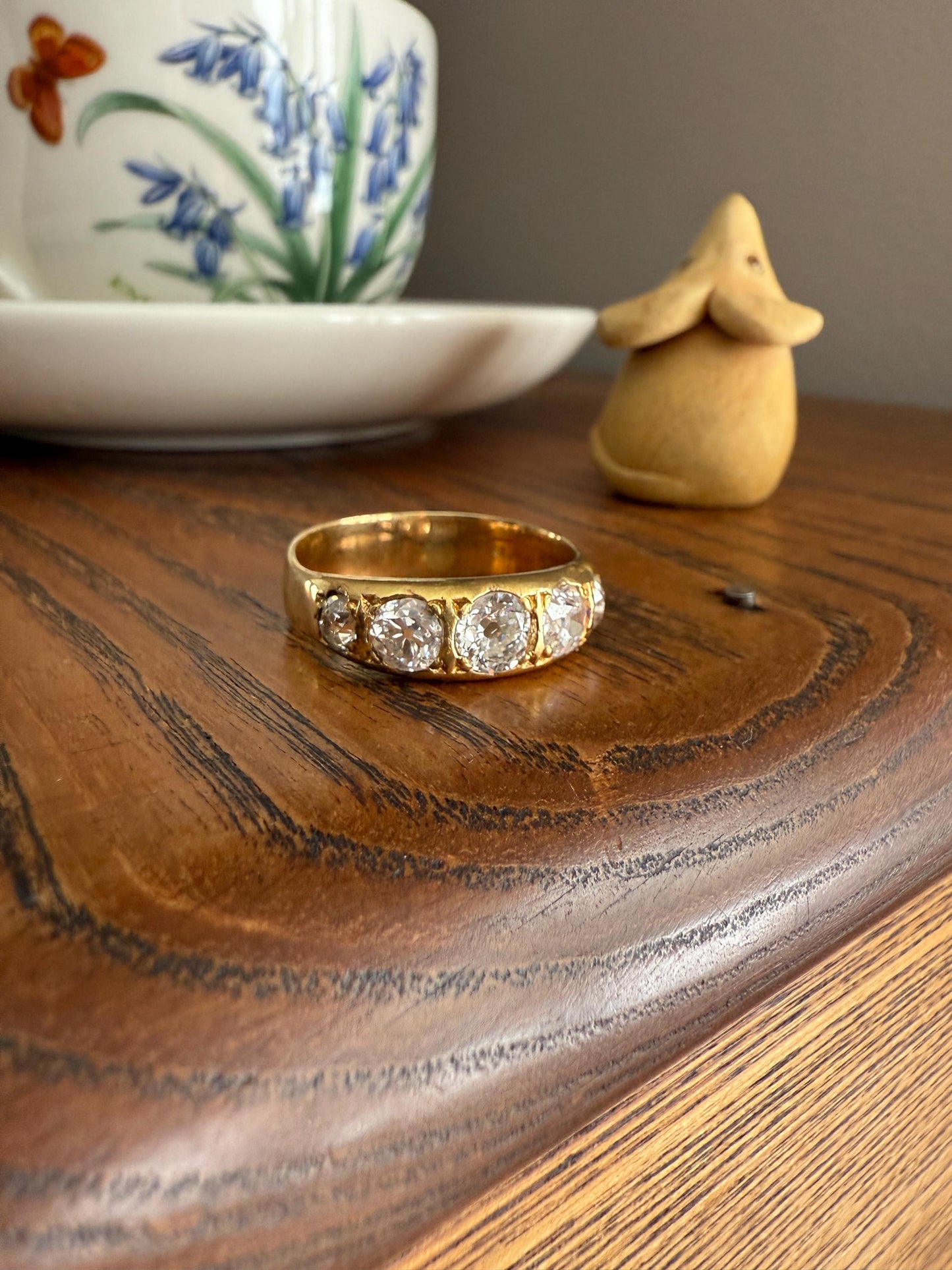 XL 2.5 Carats FIVE Stone Old Mine Cut DIAMOND Gypsy Ring Wide Band 18k Gold Solid Chunky Antique Edwardian Victorian Stacker OmC Man Unisex
